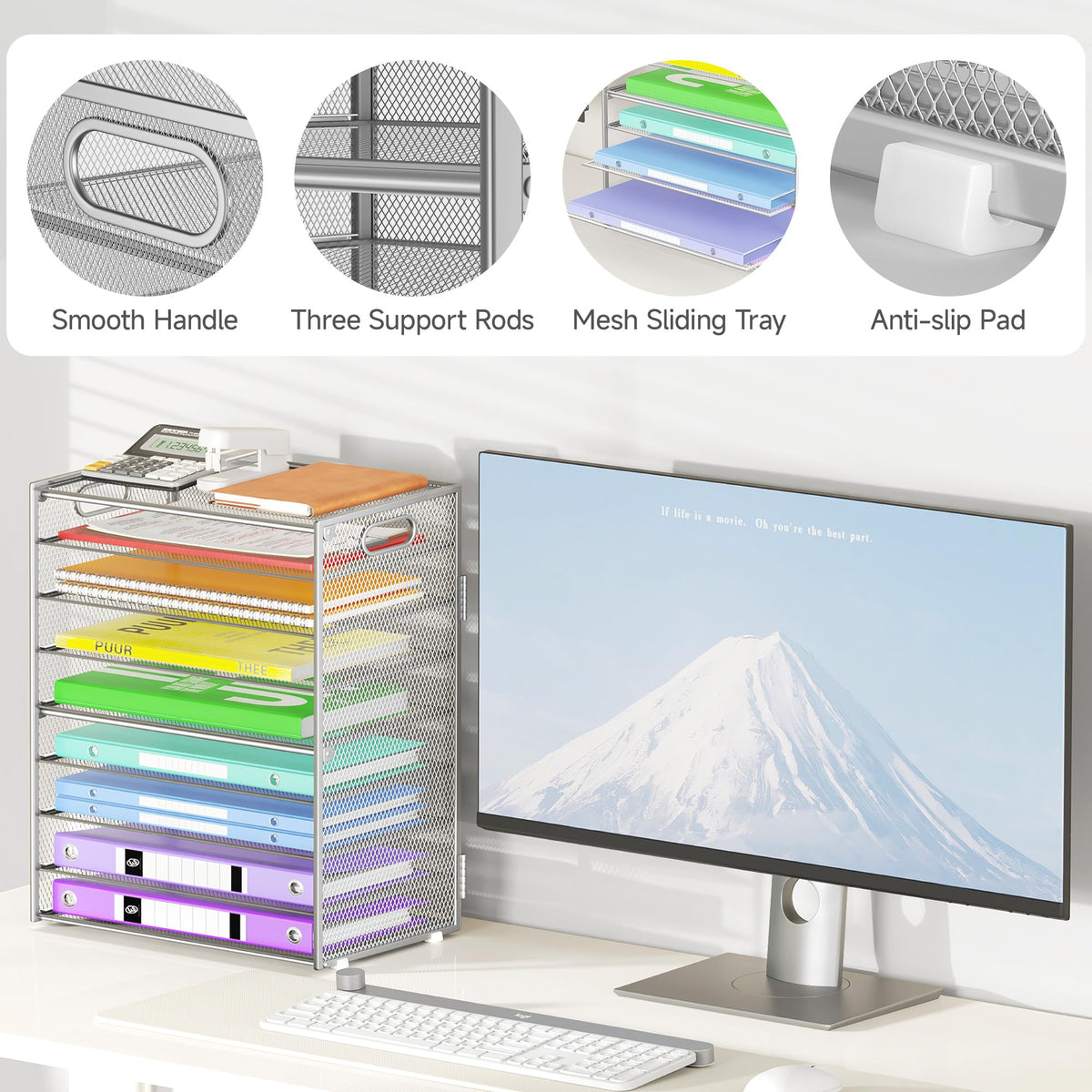 Cawukege 9 Tier Paper Organizer with Handle, Large Capacity Desk Organizer Mesh File Folder Letter