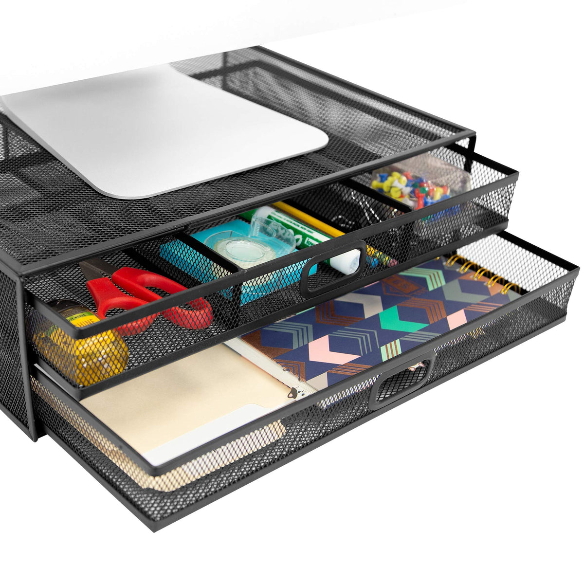 MOUNT-IT! Computer Monitor Stand With Drawers, Metal Mesh Riser and Organizer for Laptops and