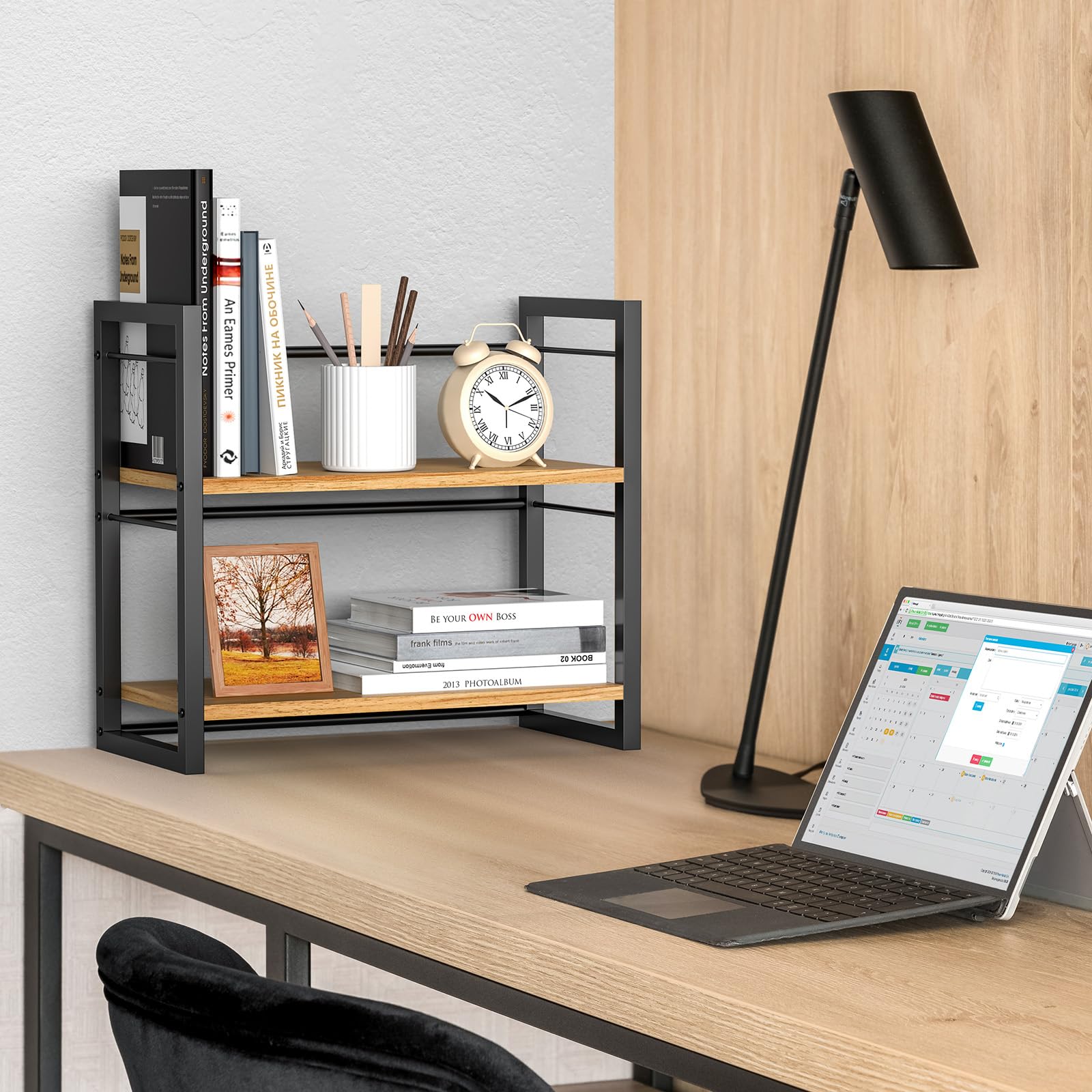 ART-GIFTREE Office Desk Shelf Organizer, Wood Desktop Bookshelf Supplies Storage Rack, Shelf for