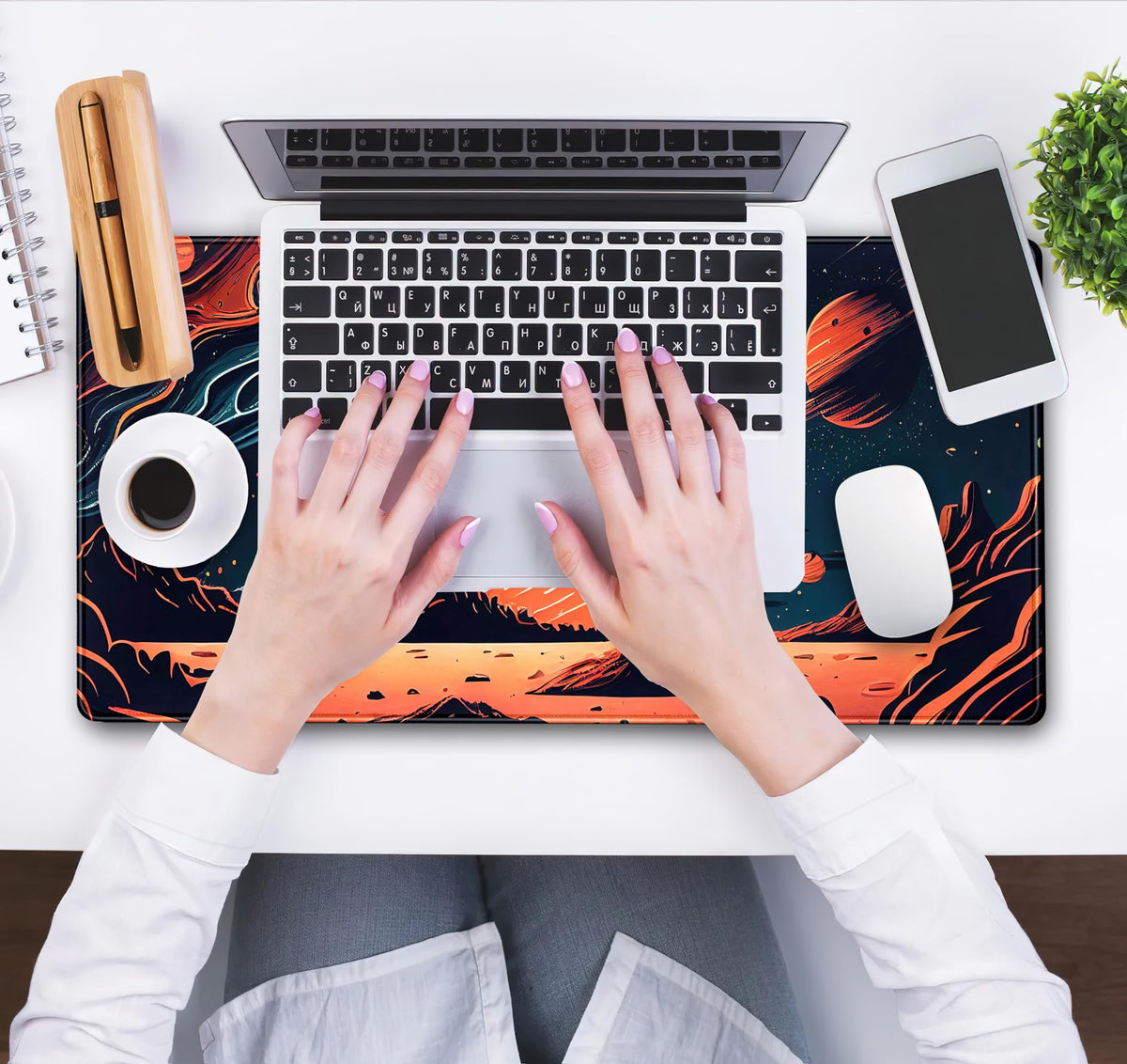 Painted Planets Desk Mat Outer Space Desk Pad, Orange Black Gaming Mouse Pad, Large Keyboard Mouse