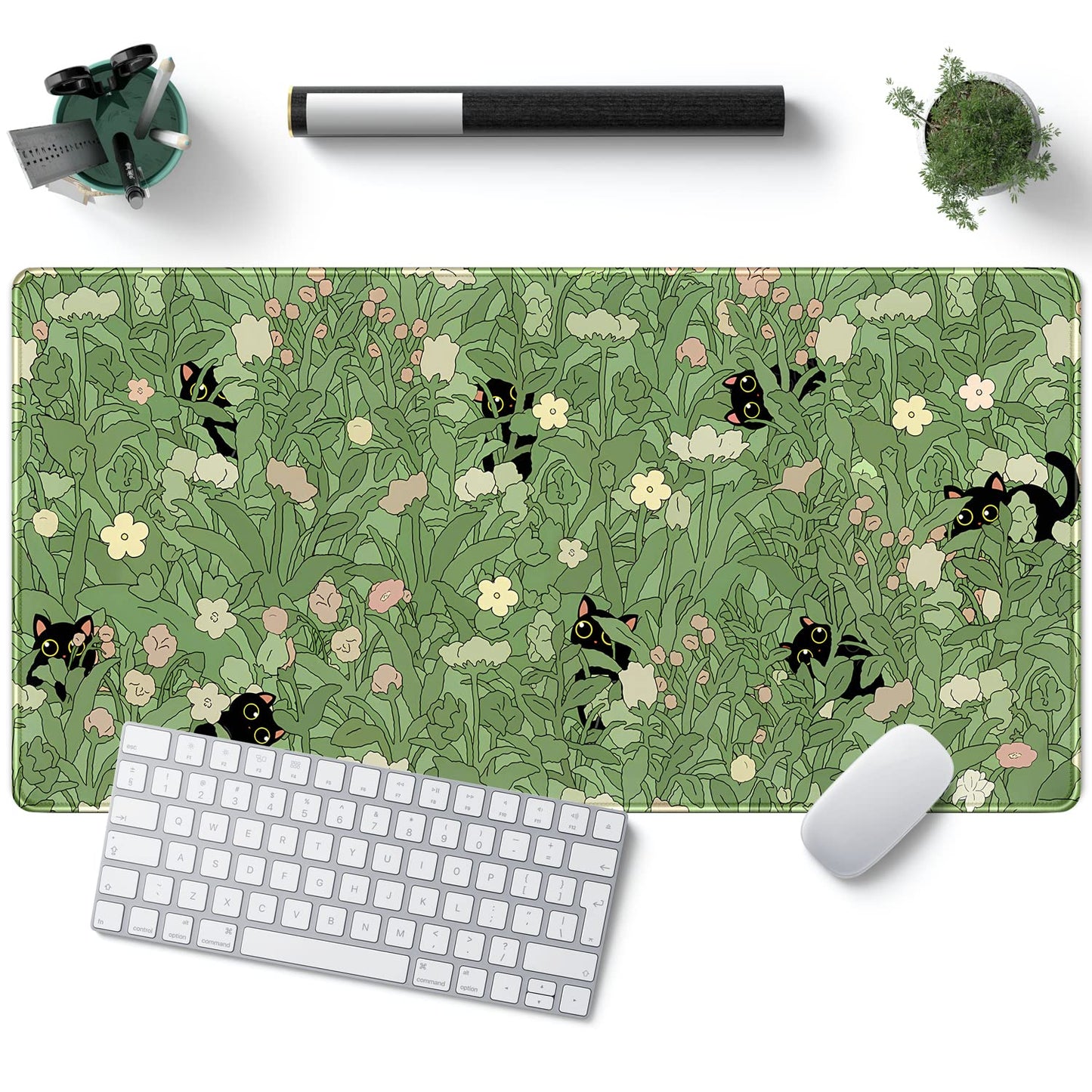YKJWW Green Desk Mat Cat Cute Flower Plant Cool Desk Pad XXL Keyboard Mat