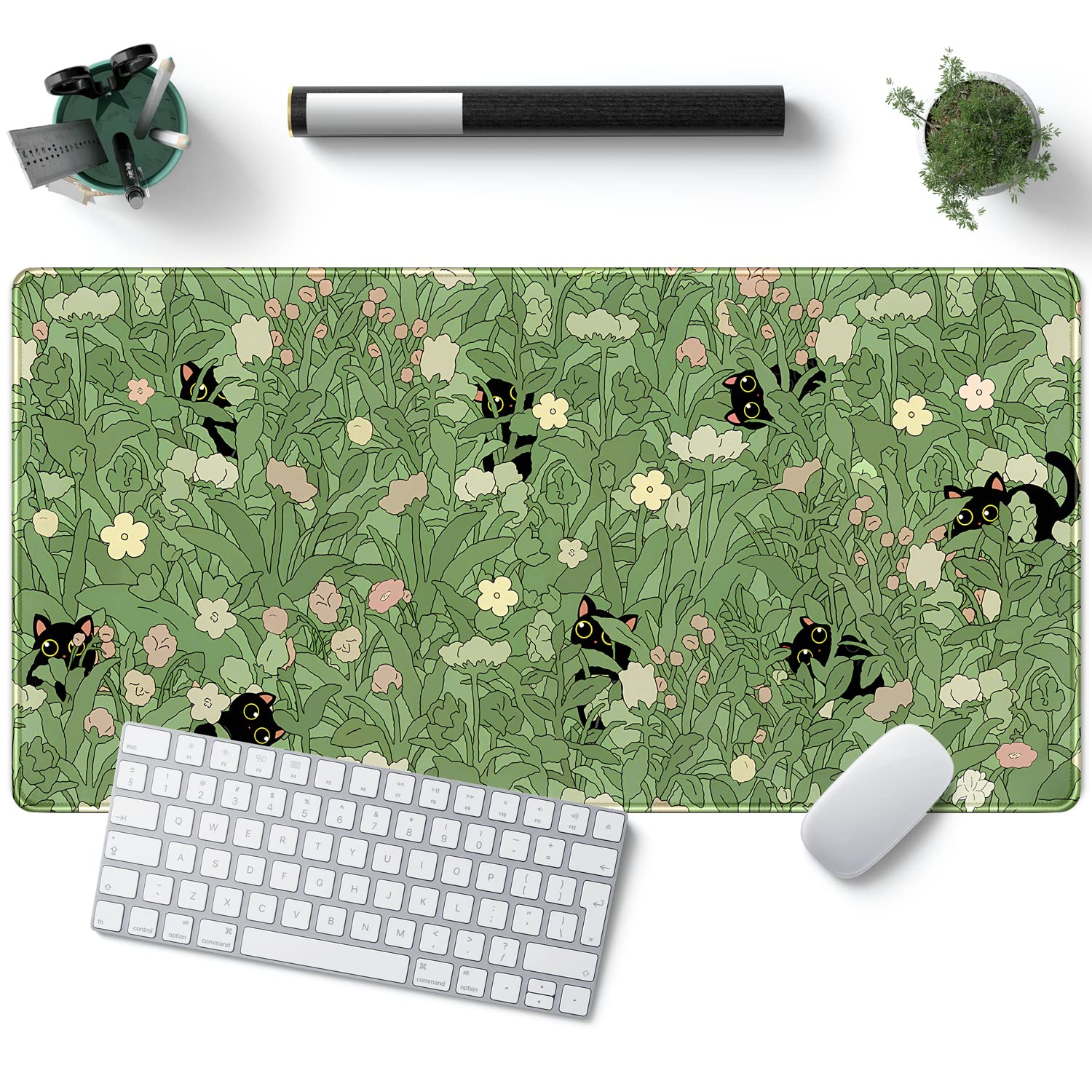 YKJWW Green Desk Mat Cat Cute Flower Plant Cool Desk Pad XXL Keyboard Mat