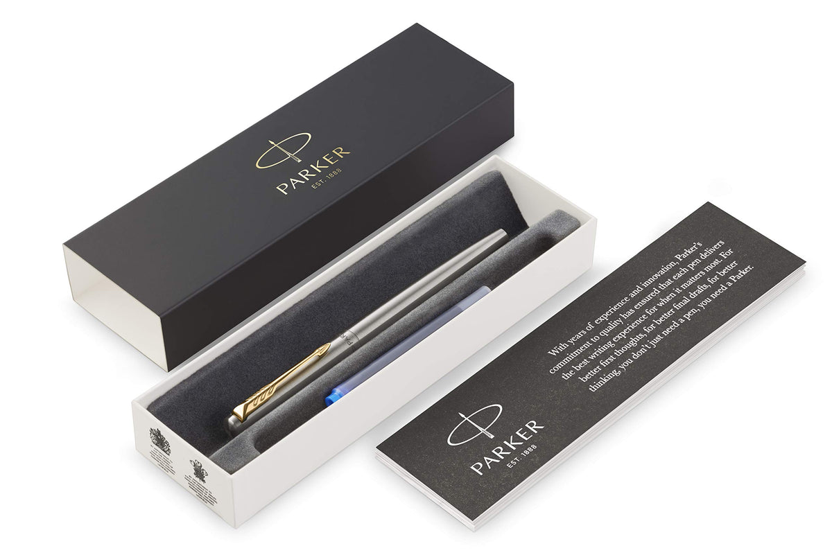 Parker Jotter Fountain Pen, Stainless Steel with Gold Trim, Medium Nib, Blue Ink & Gift Box