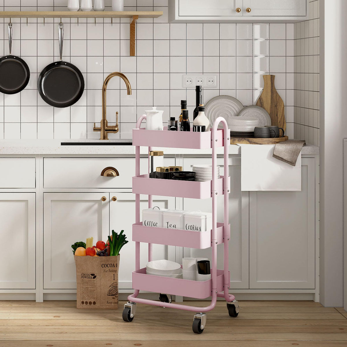 Elitehouse 4 Tier Metal Rolling Cart Pink Utility Cart with Wheels,Rolling Pink Cart for