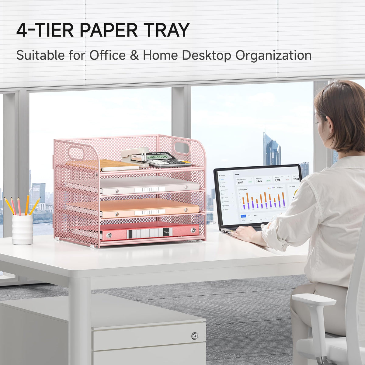 4-Tier Paper Organizer for Desk With Handle, Mesh Desktop File Tray, Office Classroom Organization