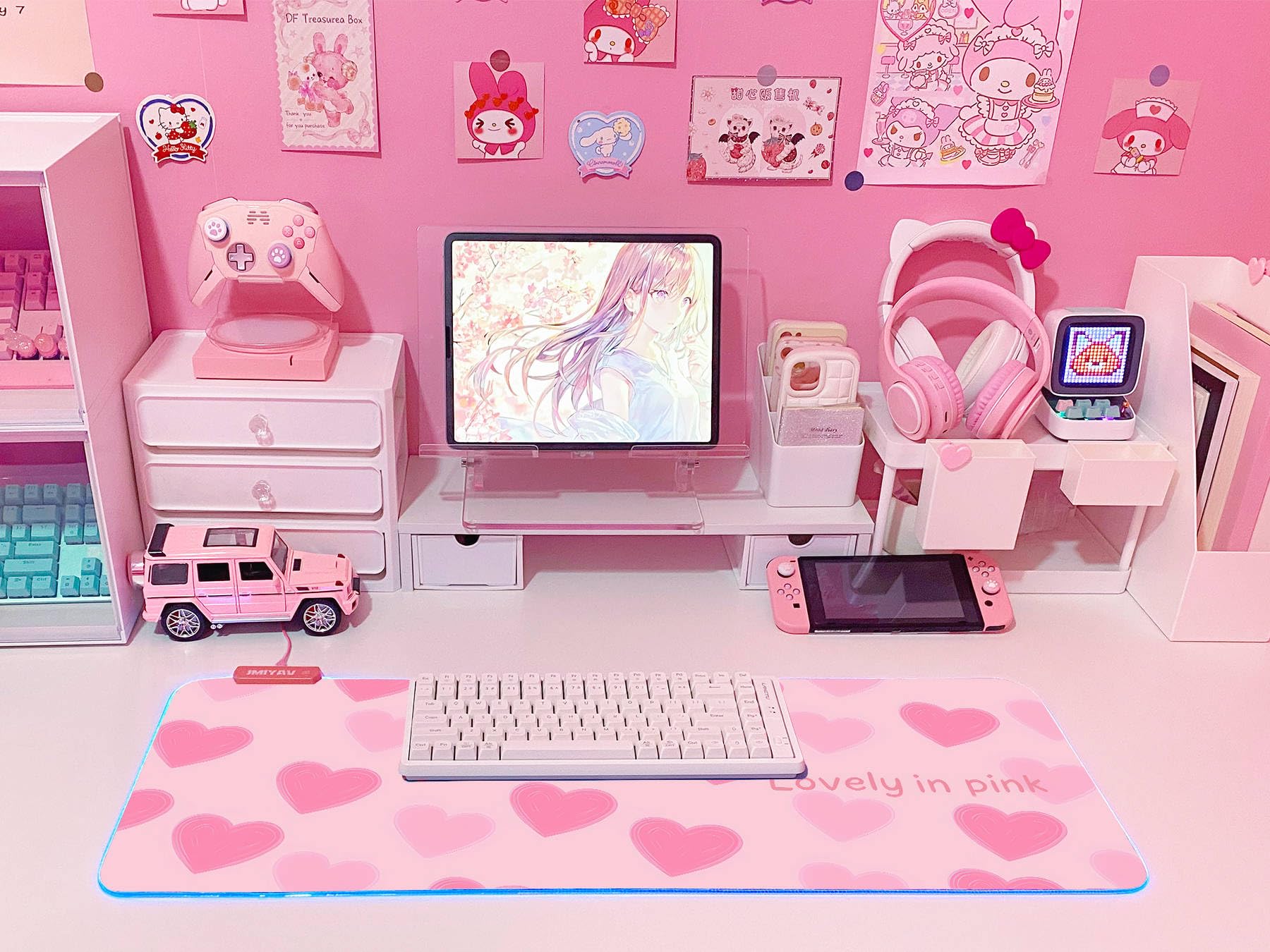 JMIYAV Pink Love Heart RGB Gaming Mouse Pad 31.5x12 Inch Cute Mousepad PC XL Large Extended Glowing