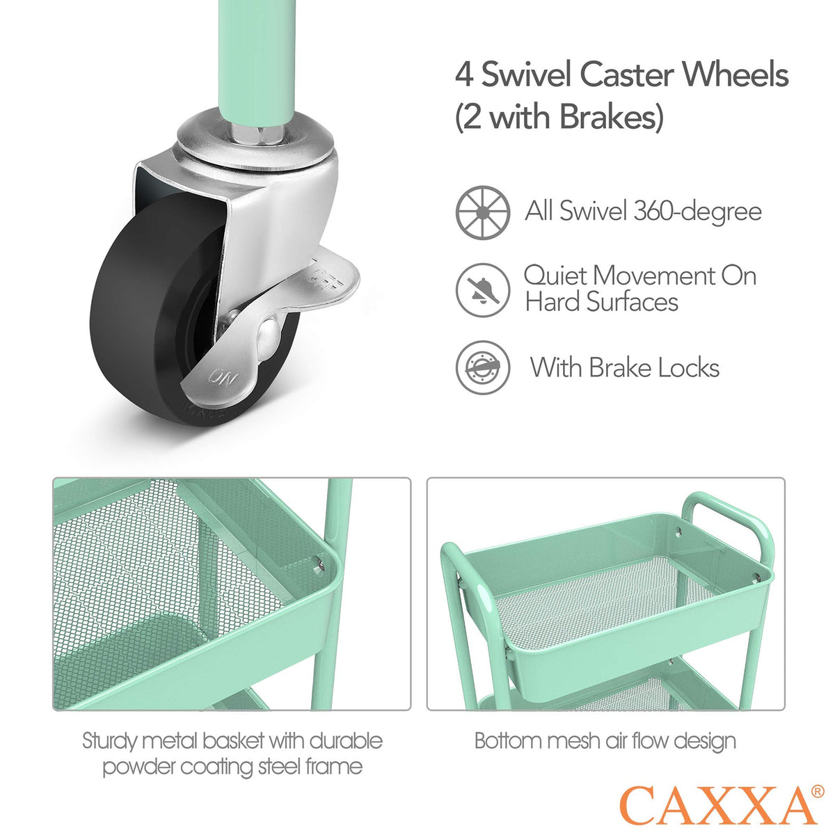CAXXA 3-Tier Rolling Metal Storage Organizer - Mobile Utility Cart, Kitchen Cart with Caster Wheels