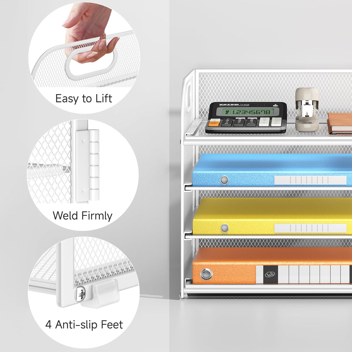 Lavatino Paper Organizer for Desk, 4-Tier Desk Organizer Tray, Mesh Desktop File Organizers with