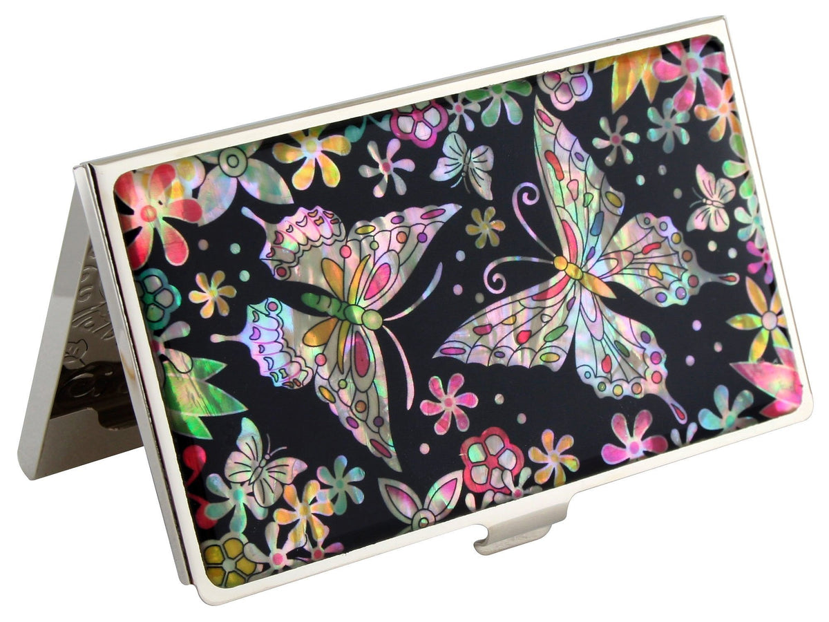Antique Alive Mother of Pearl Butterfly Design Cash Money Business Credit Name Id Card Holder Case