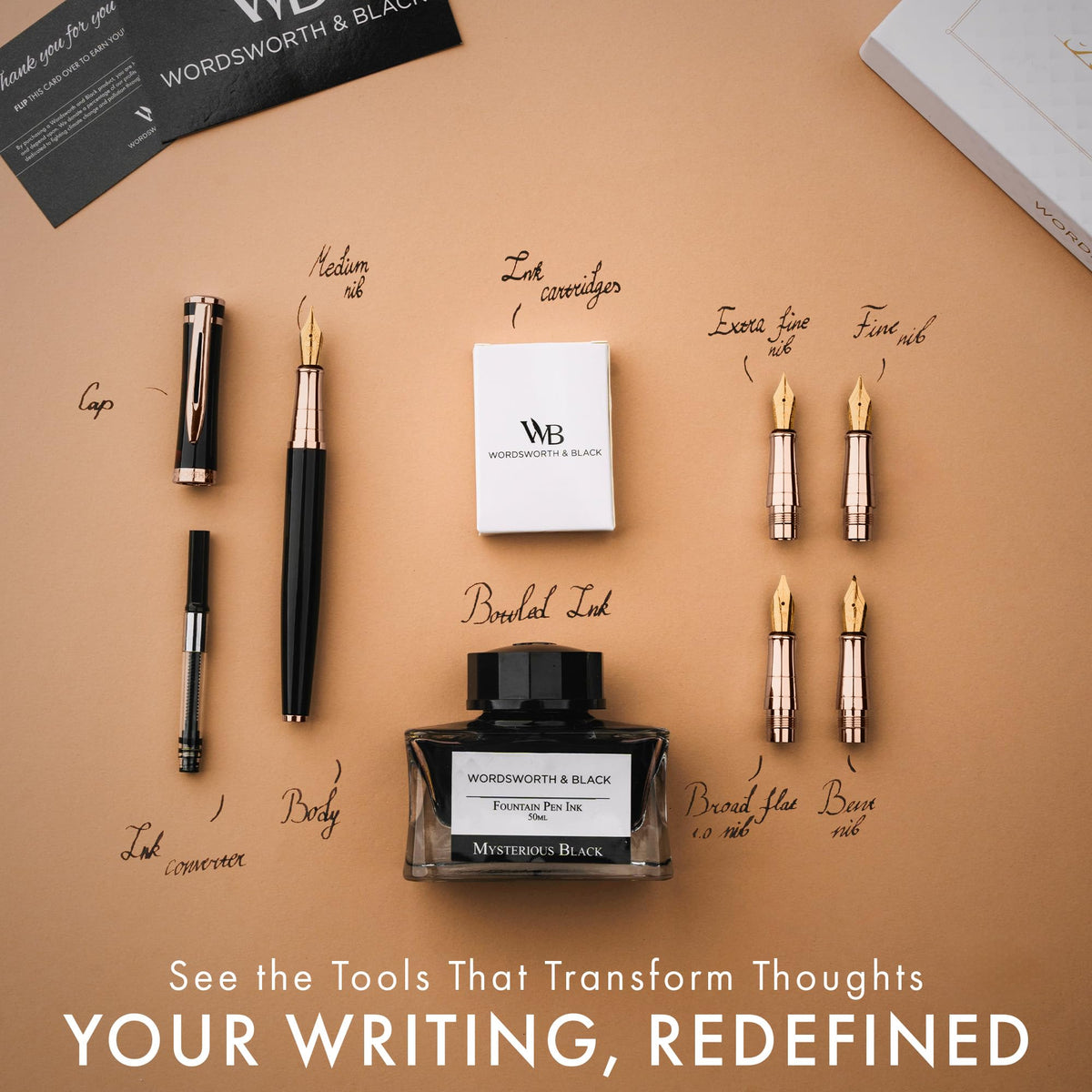 Wordsworth & Black Luxury Fountain Pen Set for Writing, 6 Nibs, Black Rose