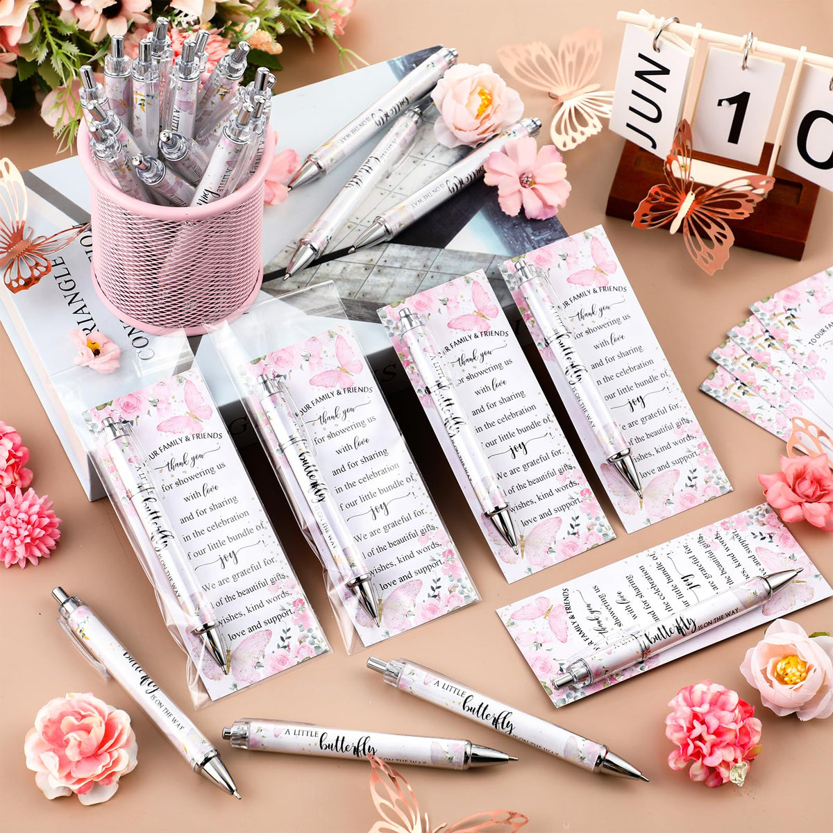 Dinifee 36 Sets Butterfly Baby Shower Favor, Pink Pen with Greeting Cards