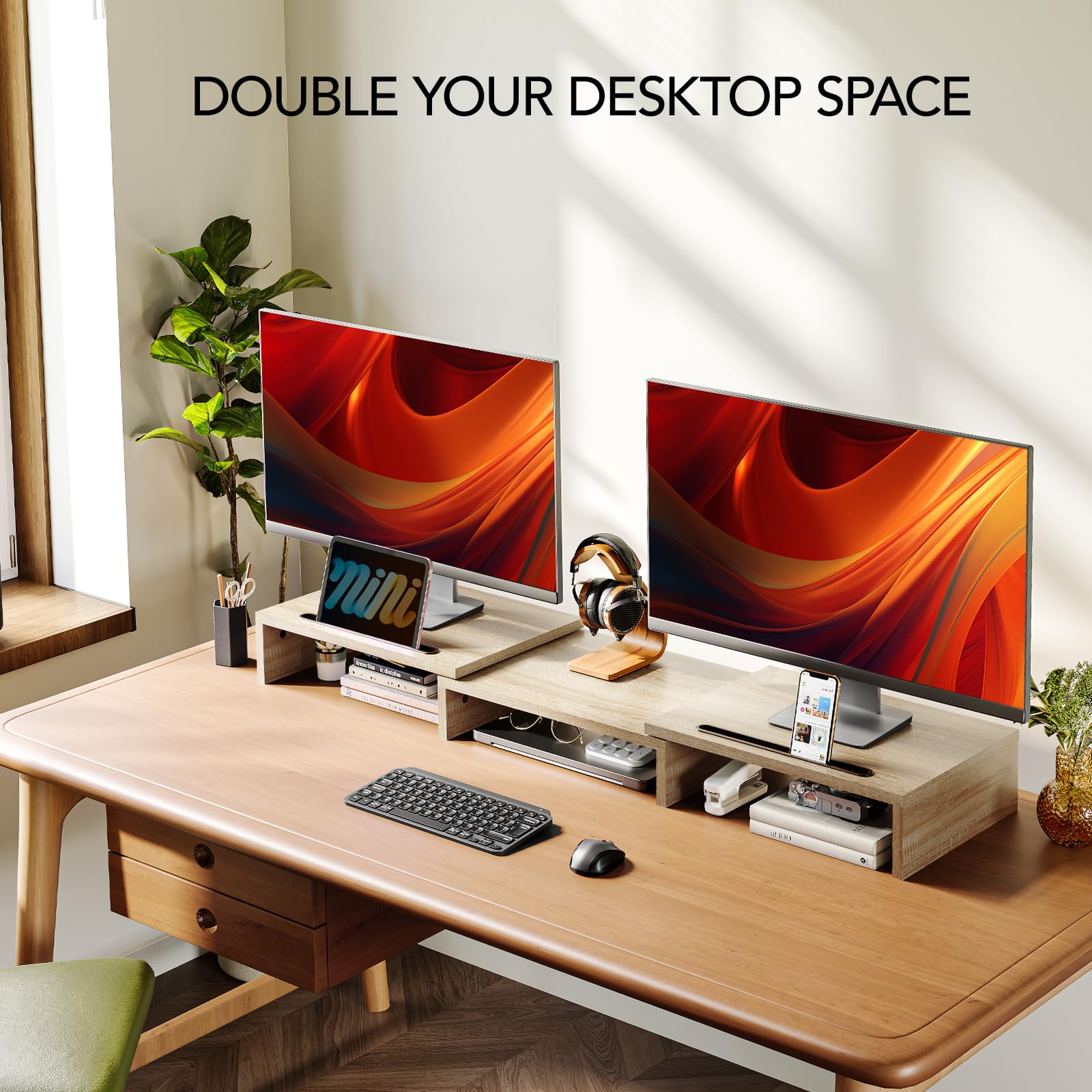 AMERIERGO Dual Monitor Stand Riser- 3 Shelf Screen Stand with Adjustable Length and Angle, 2 Extra
