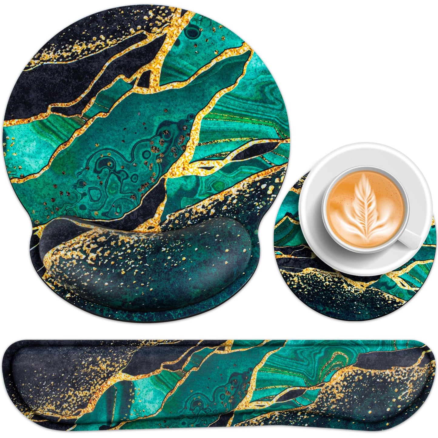 Mouse Pad Green with Wrist Rest Set, 3-in-1 Wrist Support Mousepad