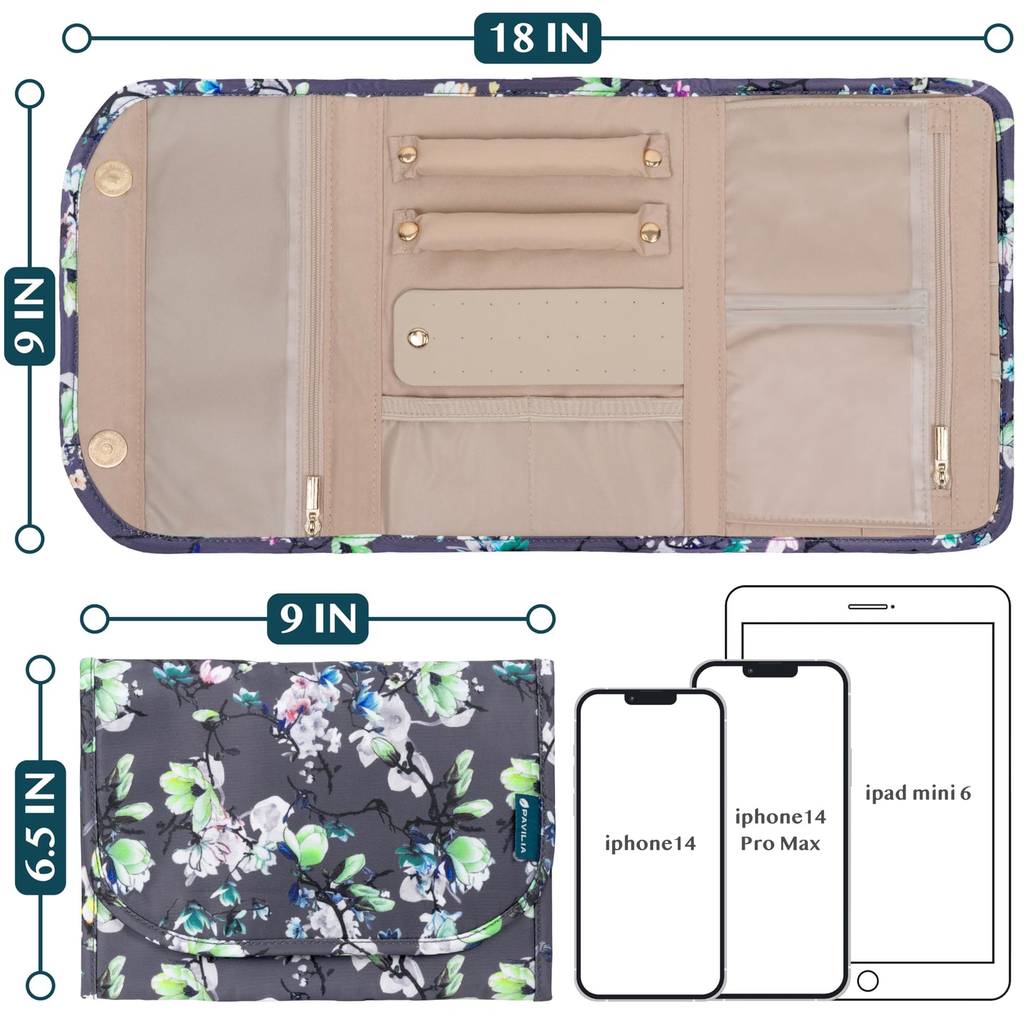 PAVILIA Travel Jewelry Case Organizer Roll Bag for Accessories Floral Gray