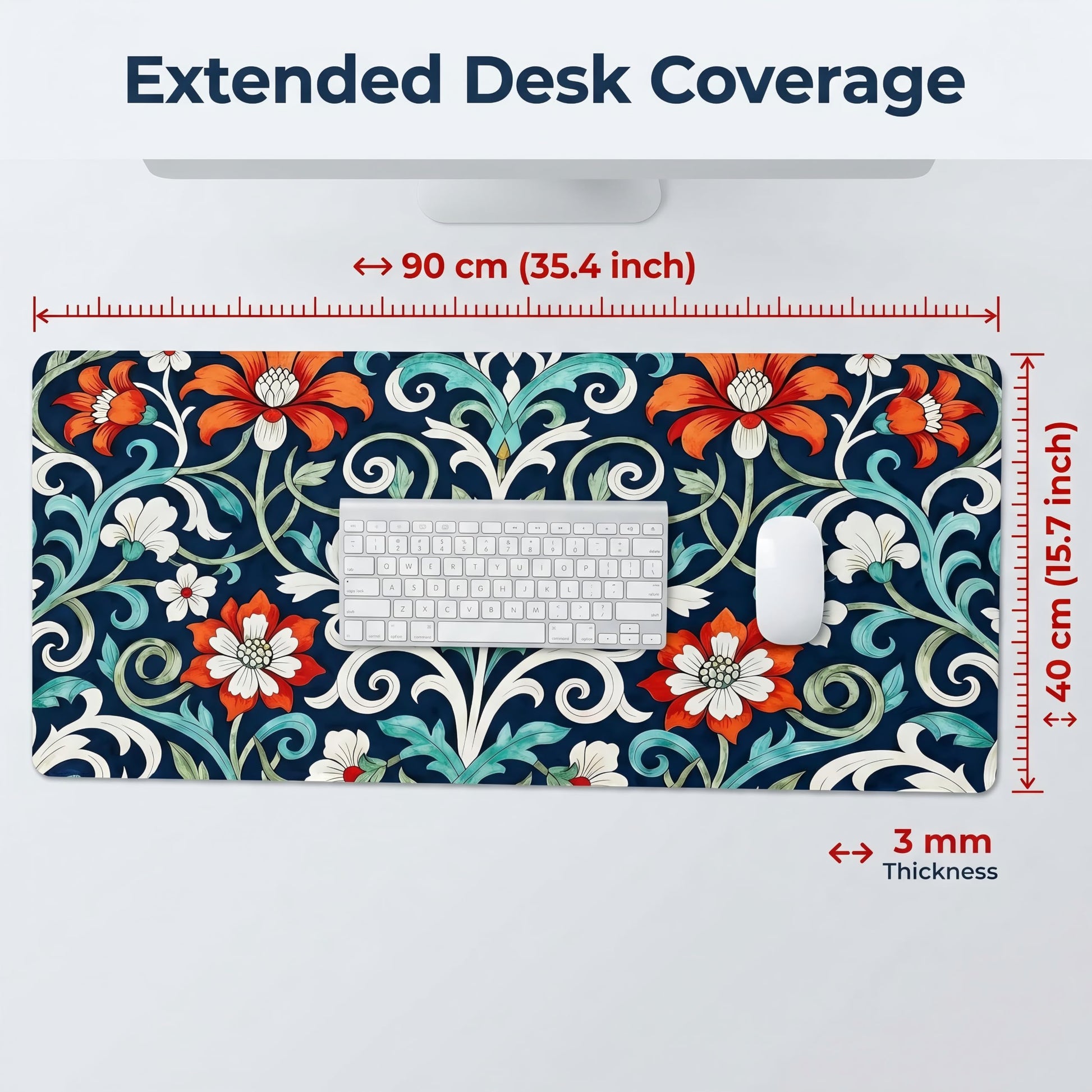 Gaming Mouse Pad, Large Floral Desk Mat 90 X 40CM (35.4”x15.7”), Vintage Flower Extended Gaming