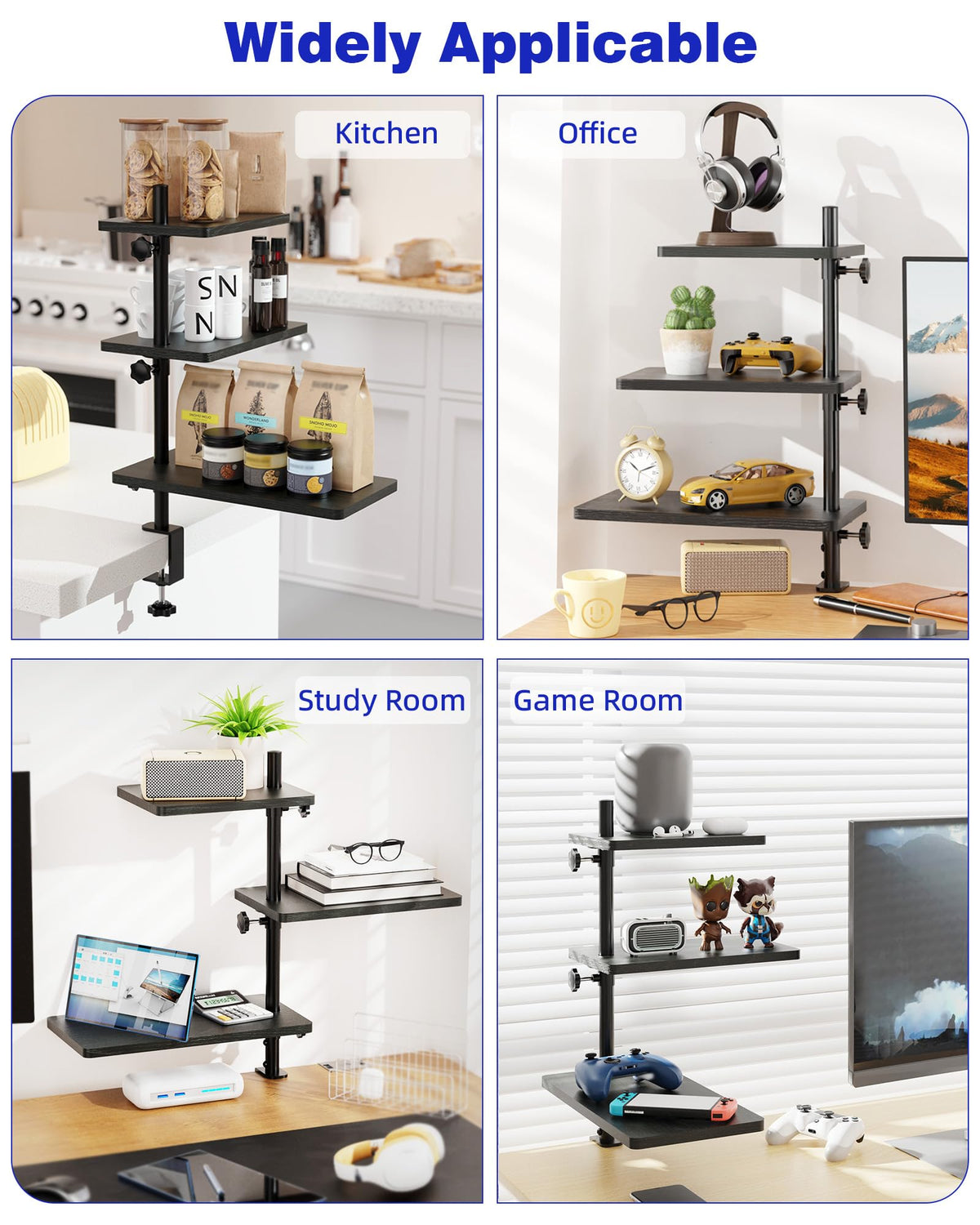 ART-GIFTREE 3 Tiers Clamp On Desk Shelf, 360° Angle Adjustable Desktop Shelf Organizer for Home