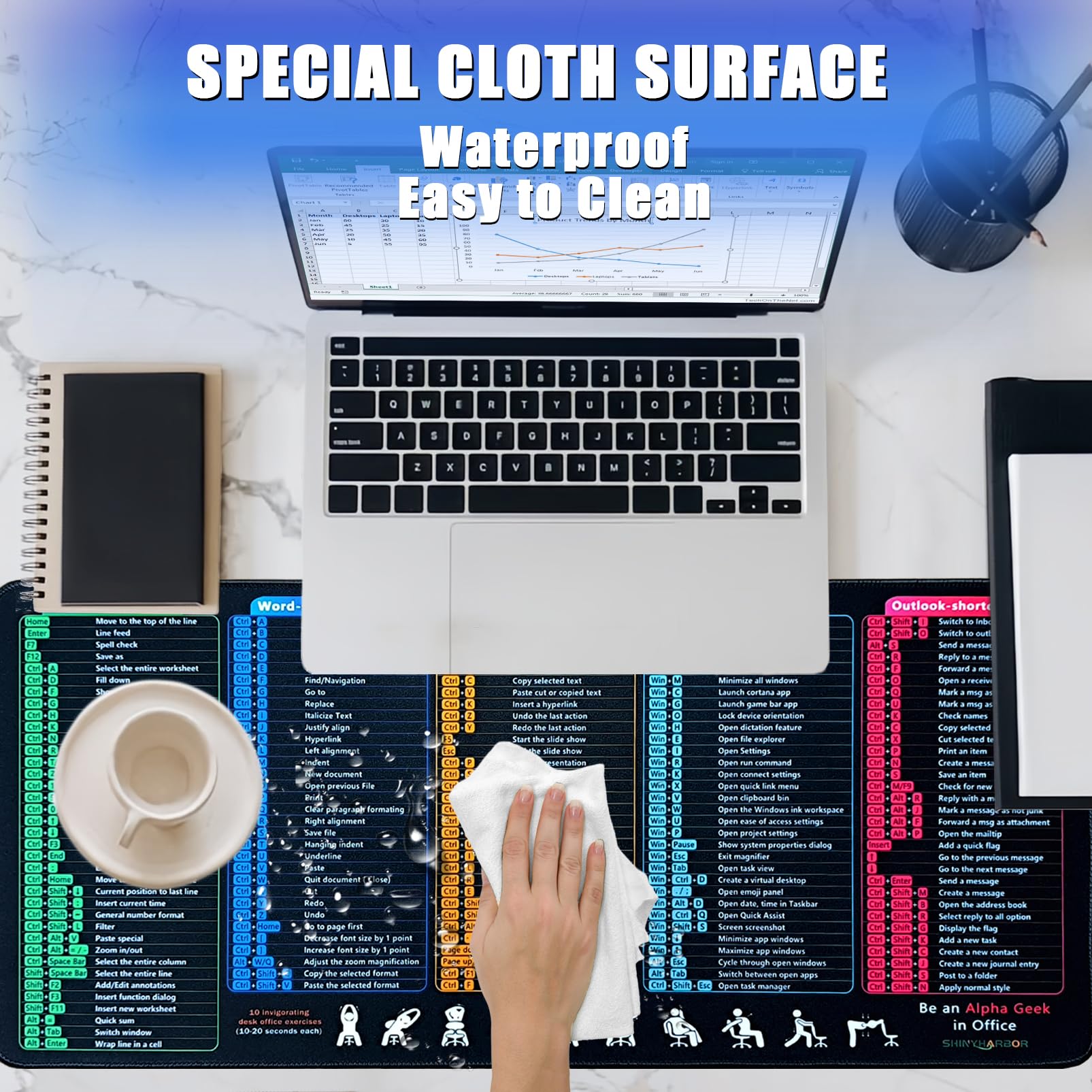 Windows/Word/PPT/Classic Outlook/Excel Shortcuts Mouse Pad, 27.4x11.8in
