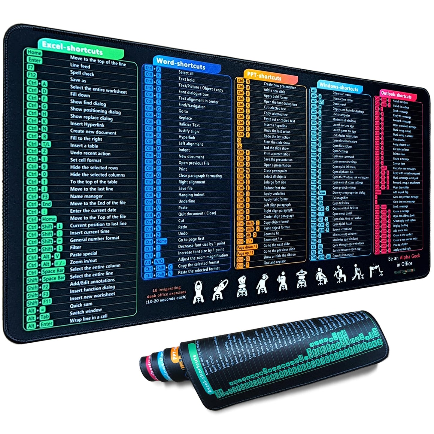 Windows/Word/PPT/Classic Outlook/Excel Shortcuts Mouse Pad, 27.4x11.8in