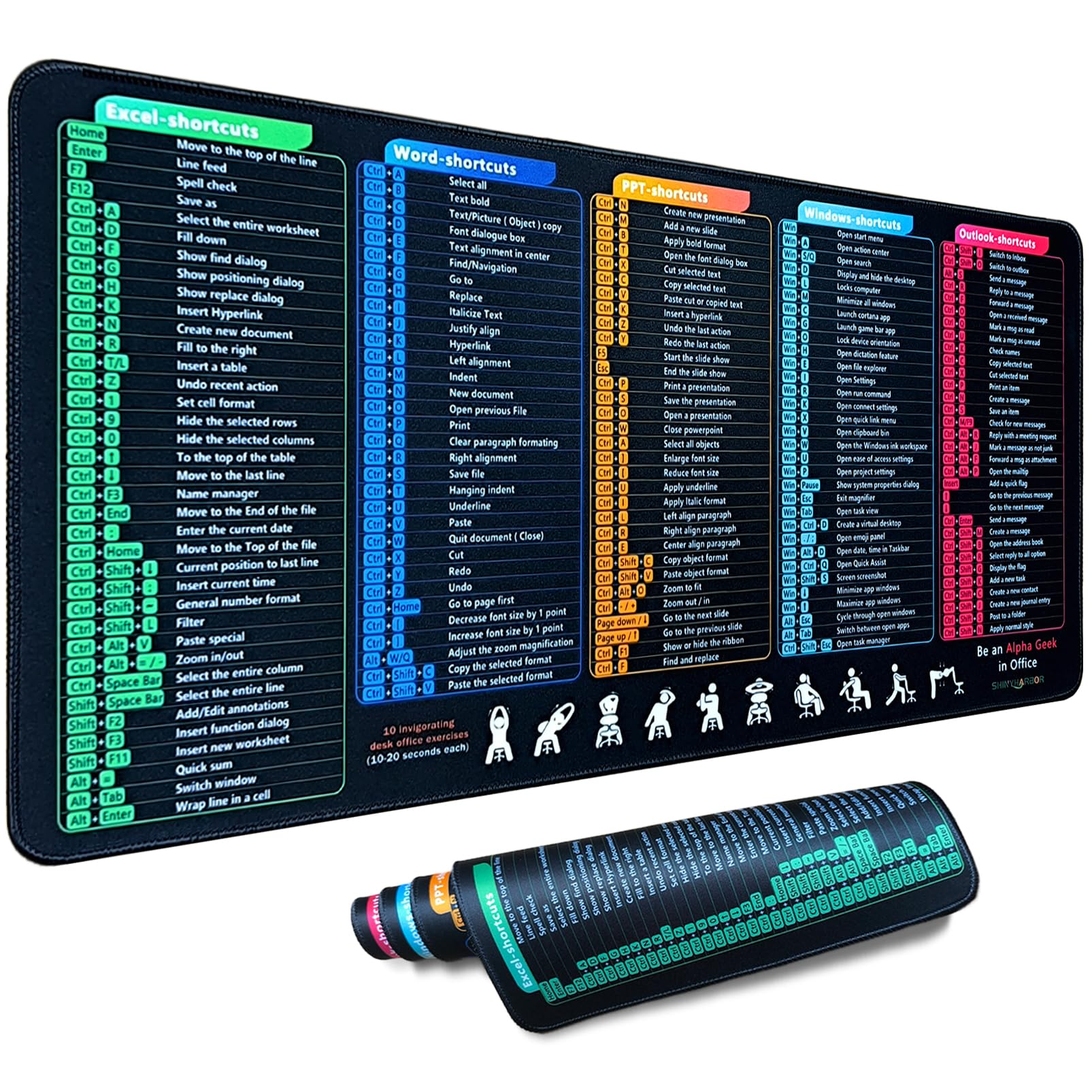 Windows/Word/PPT/Classic Outlook/Excel Shortcuts Mouse Pad, 27.4x11.8in