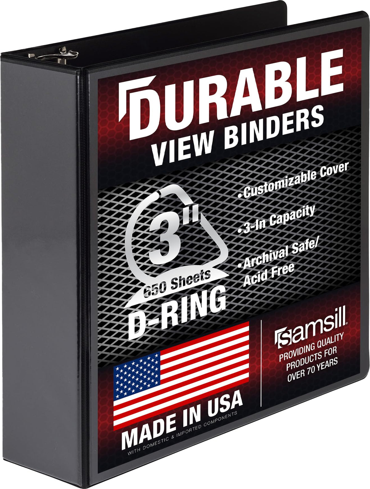 Samsill Durable 3 inch 3 Ring Binder, D Ring Binder, 100% Recycled Chipboard, Black