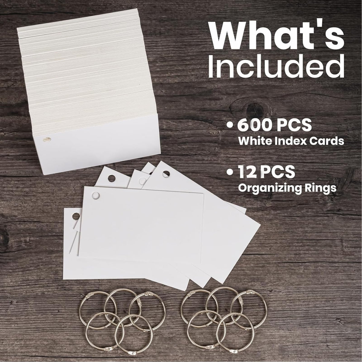SIYOMG Index Cards, 600 PCS 3 x 5 Inch Punched Flash Cards with 12 Organizing Rings, White