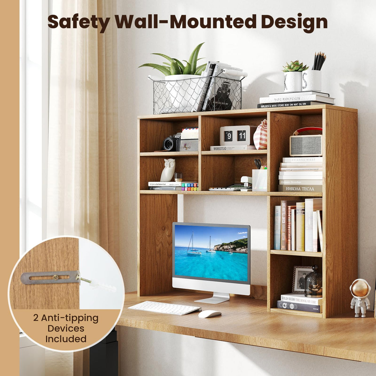 Giantex Desktop Bookshelf, Desk Hutch Dorm w/ 7 Cubes & 3 Adjustable Shelves, Desk Shelf for Up to