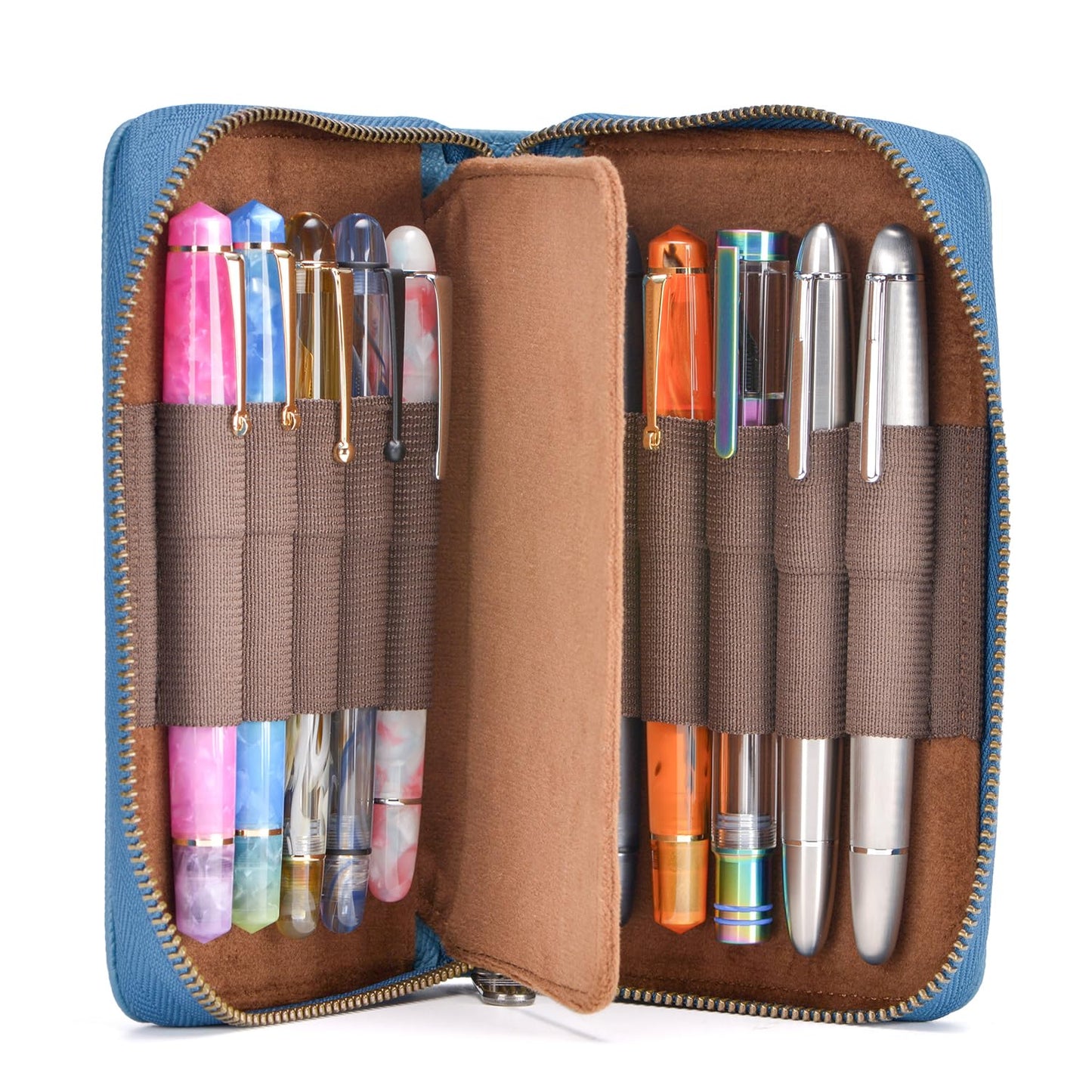 Asvine Fountain Pen Case Genuine Leather Pen Case 10 Divided Slots Blue, Rollerball Pen Holder
