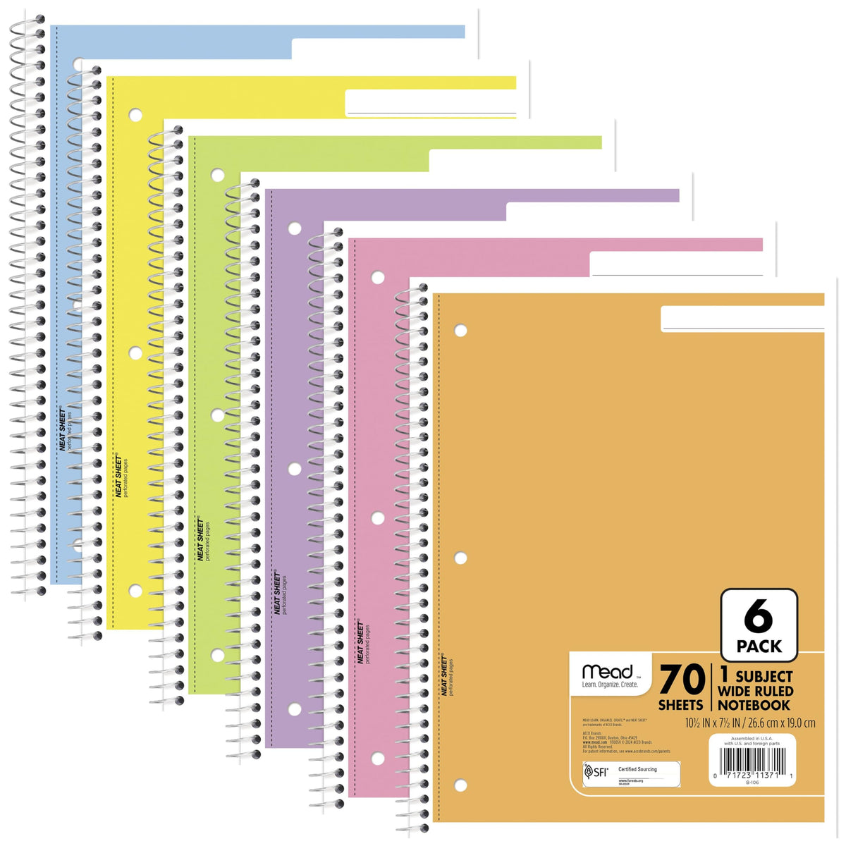 Mead Spiral Notebook, 6 Pack, 1 Subject, Wide Ruled Paper, 7-1/2" x 10-1/2", 70 Sheets per