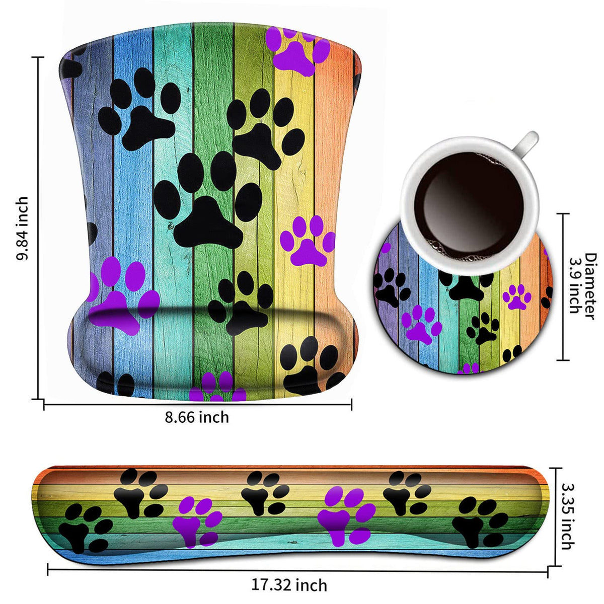 Keyboard Wrist Rest and Mouse Pad Wrist Support Set,Rustic Rainbow Woodgrain Black and Purple Dog