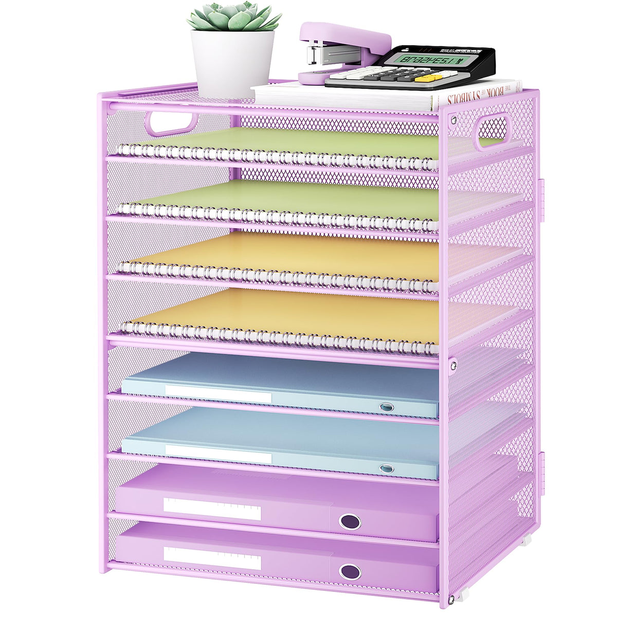 SUBEKYU 9 Tier Paper Letter Tray Desk Organizer with Handles - Purple Metal Mesh File Holder Paper