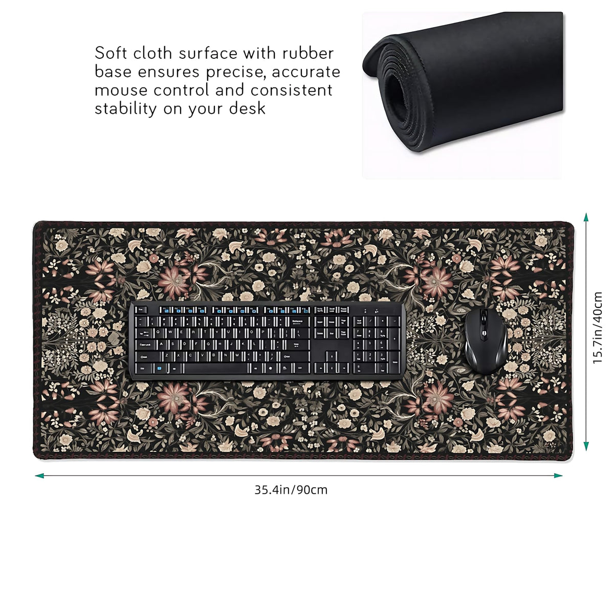 Floral Aesthetic Wildflower Gaming Mouse Pad, Black Rug Desk Mat with Anti-Slip Base & Stitched