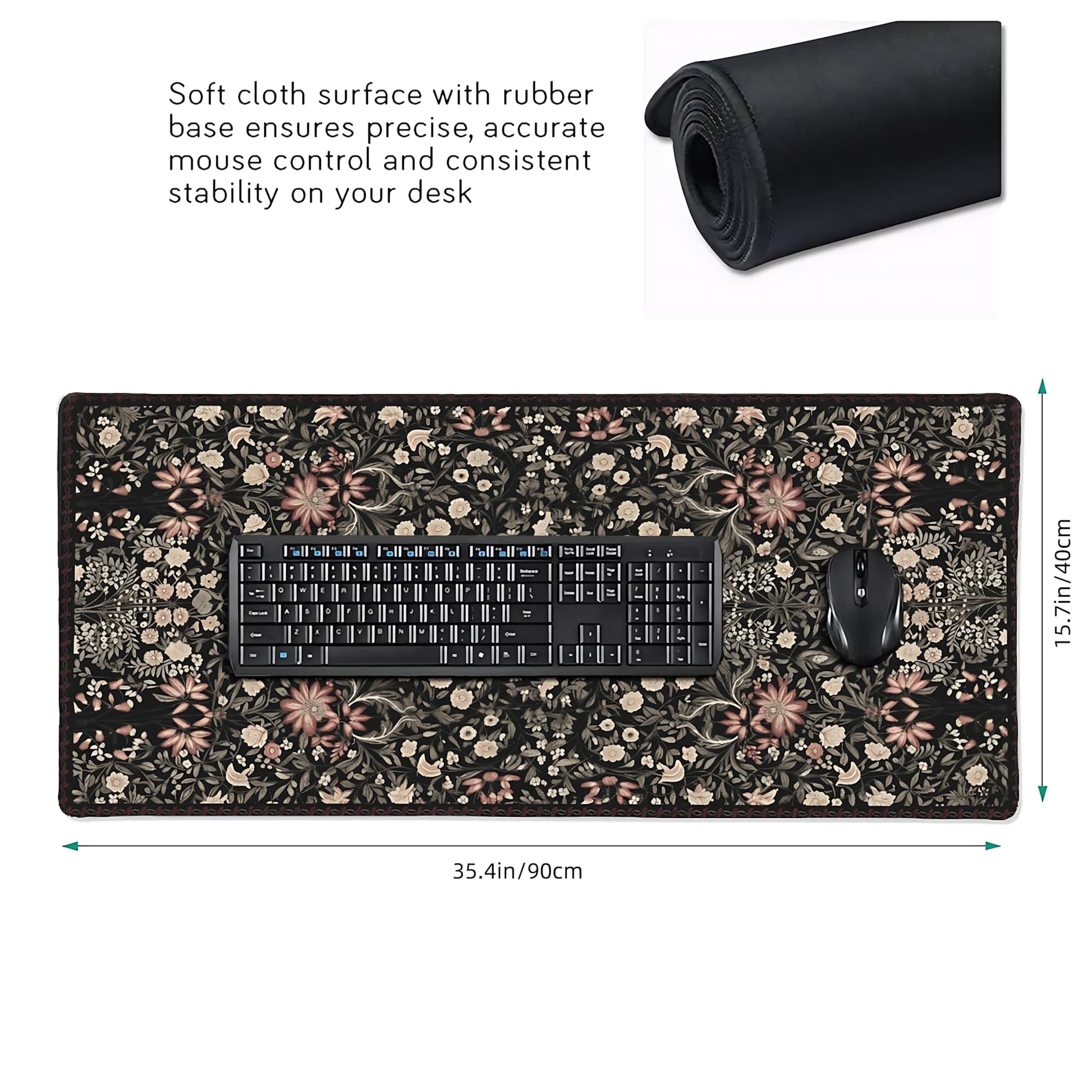 Floral Aesthetic Wildflower Gaming Mouse Pad, Black Rug Desk Mat with Anti-Slip Base & Stitched