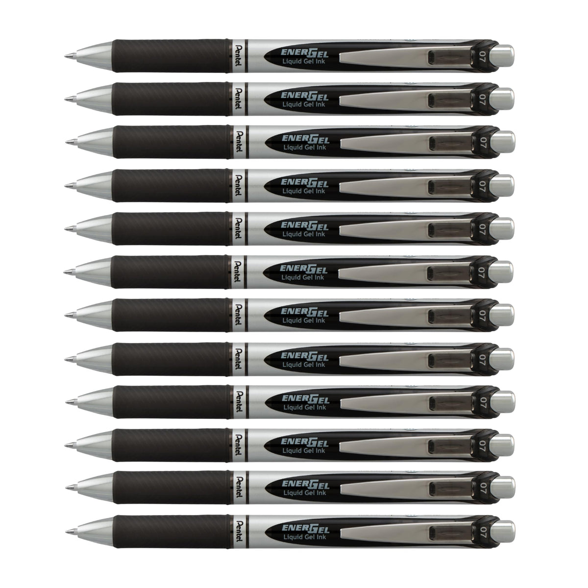 Pentel EnerGel RTX Retractable Liquid Gel Pen, (0.7mm) Medium Line, Metal Tip, Black Ink, Box of 12