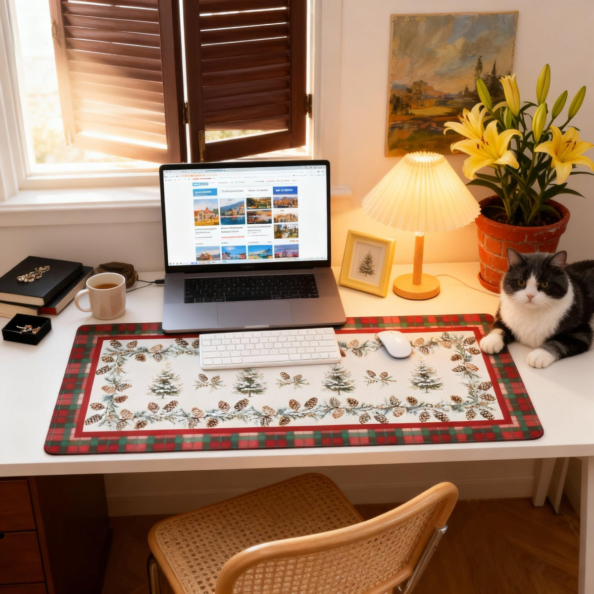 Christmas Tree Plaid XXL Desk Mat - Large Mouse Pad with Anti-Slip Base & Stitched Edges for Women