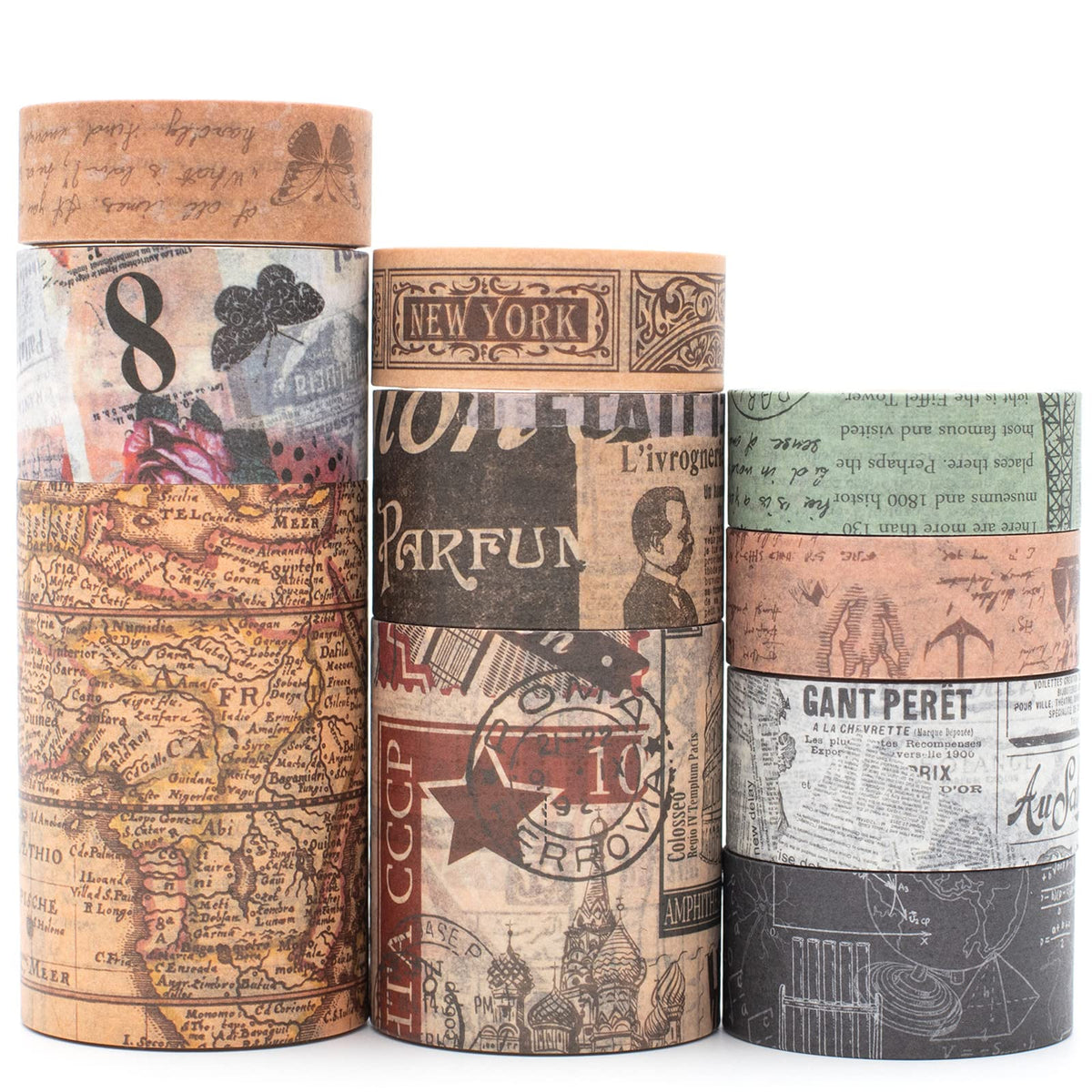 YUBX Vintage Washi Tape Set 10 Rolls Wide Decorative Antique Map Stamp Newspaper Masking Tapes for