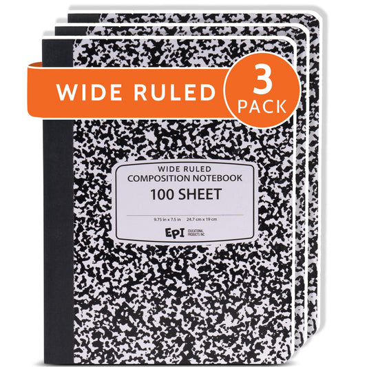 3 Pack - EPI Marble Hardcover Wide Ruled Composition Notebook | 200 Pages (100 Sheets), 9.75 x 7.5