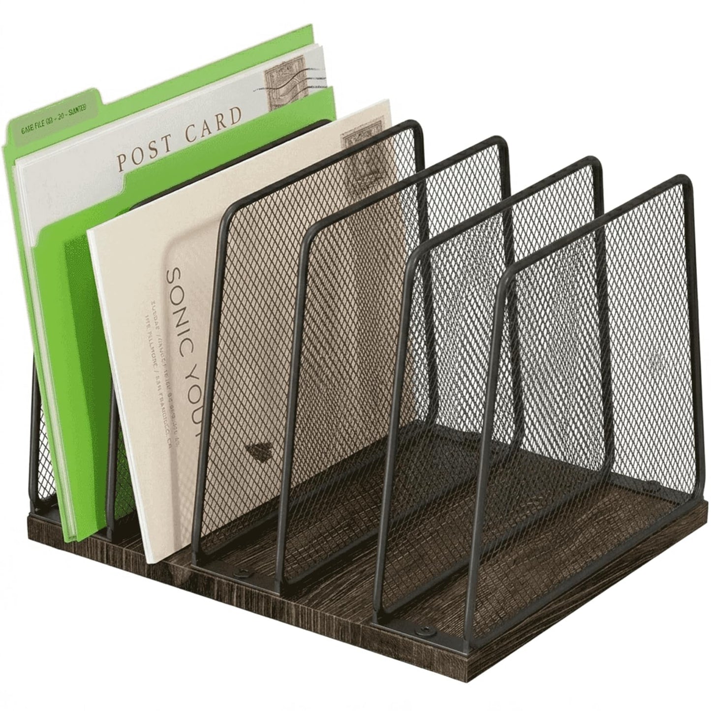 Becomrock 5-Section Vertical File Organizer for Desk, Sturdy Wood Base & Metal Mesh Desktop File