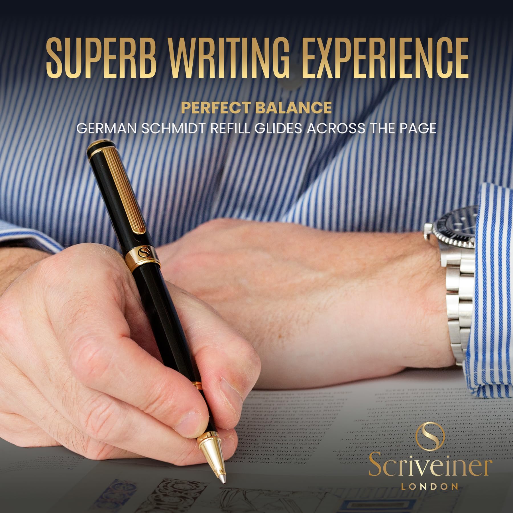 Scriveiner Personalized Black Ballpoint Pen - Stunning Luxury Pen, Jet Black Lacquer, Real Gold
