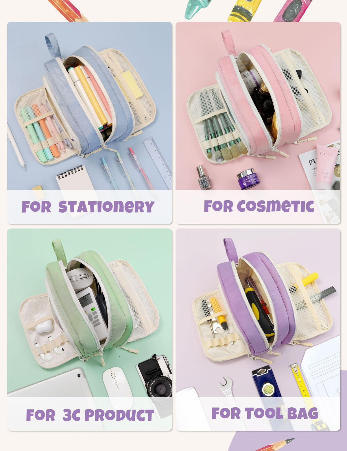 SUNEE Large Pencil Case, Big Capacity Pen Pouch with 3 Compartments, Kawaii Pencil Bag with Zipper