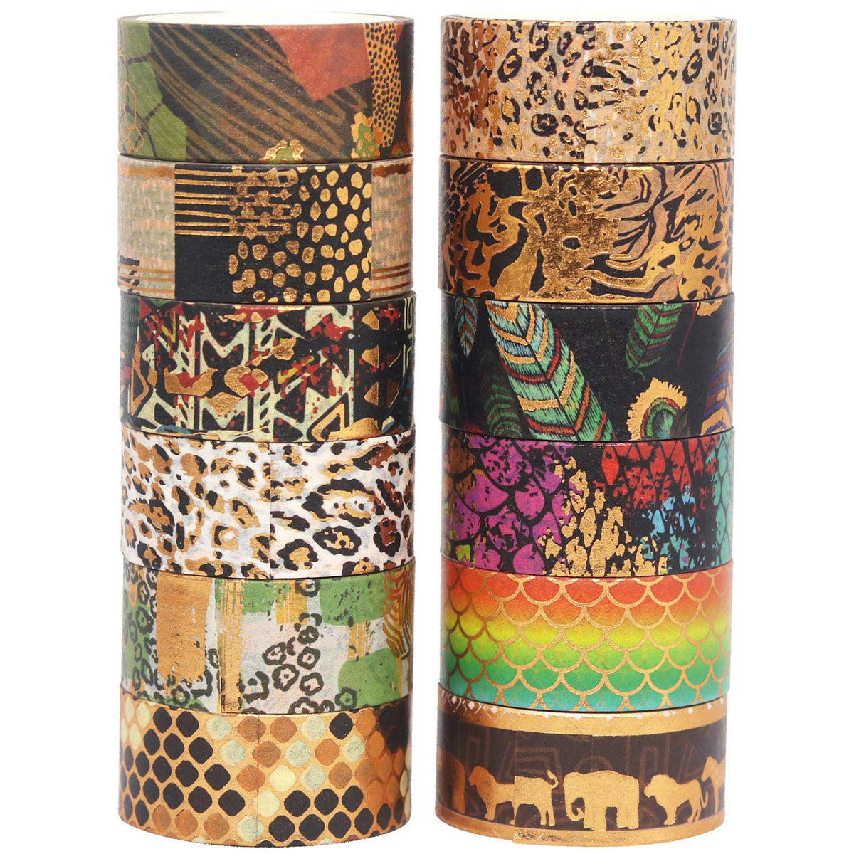 YUBX Wild Animals Washi Tape Set 12 Rolls Gold Foil Print Decorative Masking Tapes for Arts, DIY