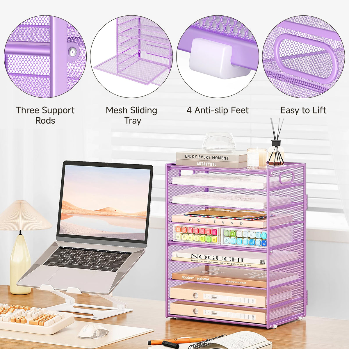 SUBEKYU 9 Tier Paper Letter Tray Desk Organizer with Handles - Purple Metal Mesh File Holder Paper