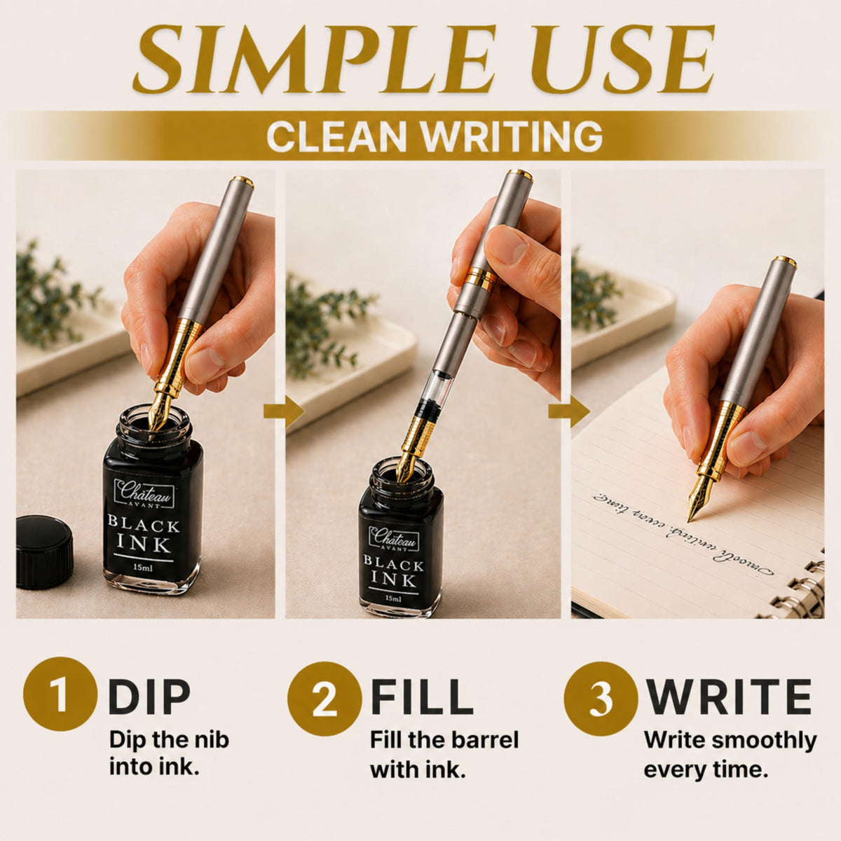 Château Avant Fountain Pen Set | Refillable Grey Fountain Pen with Black Ink Bottle, Fine Nib, and