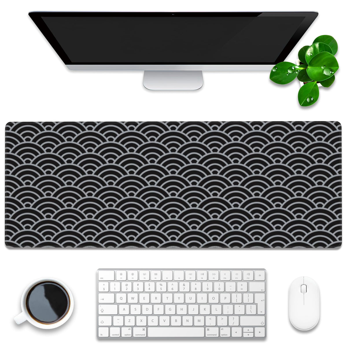 Desk Pad, Black and Silver Fan-Shaped Waves Extended Gaming Mouse Pad Large, 31.5"x11.8" Big Mouse