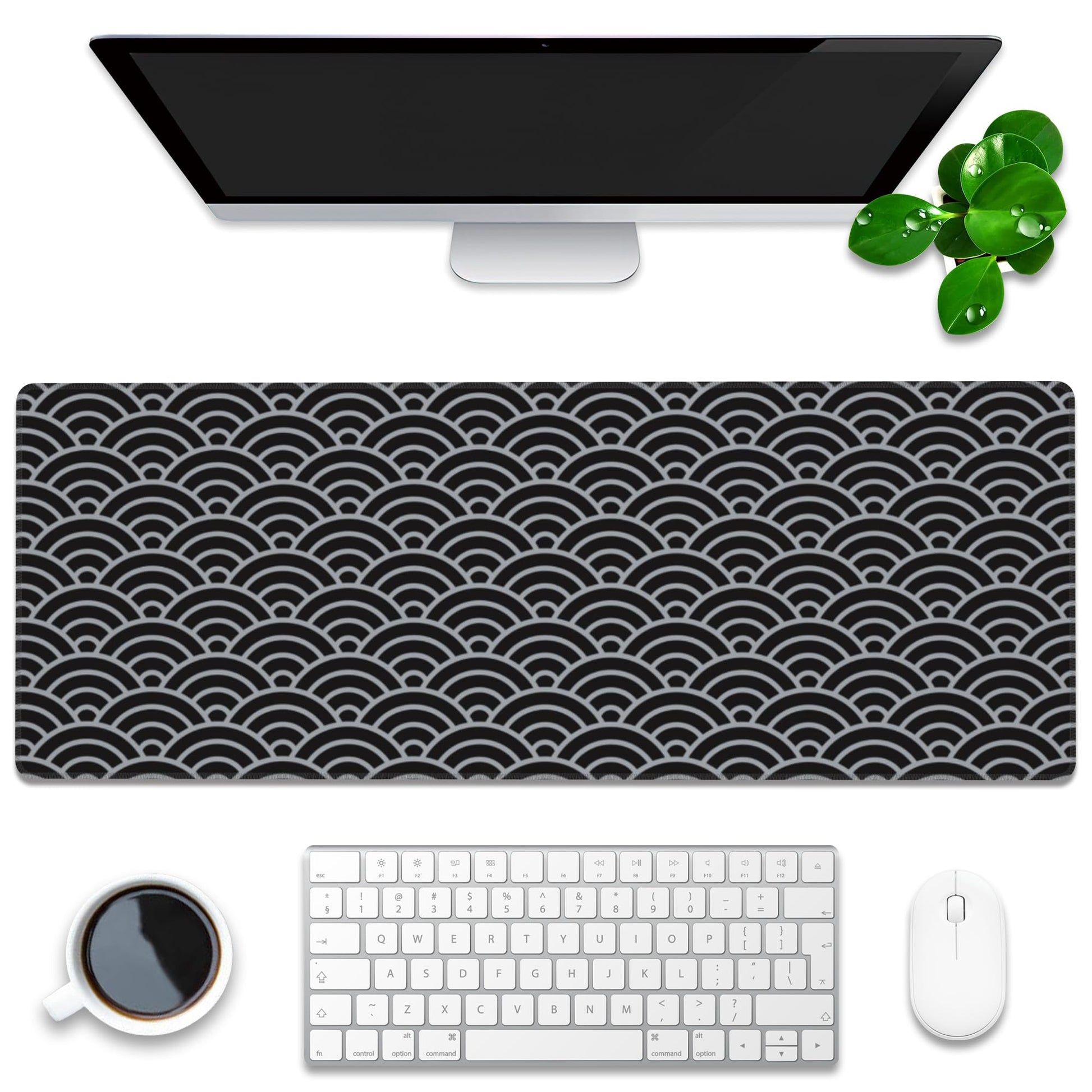 Desk Pad, Black and Silver Fan-Shaped Waves Extended Gaming Mouse Pad Large, 31.5"x11.8" Big Mouse