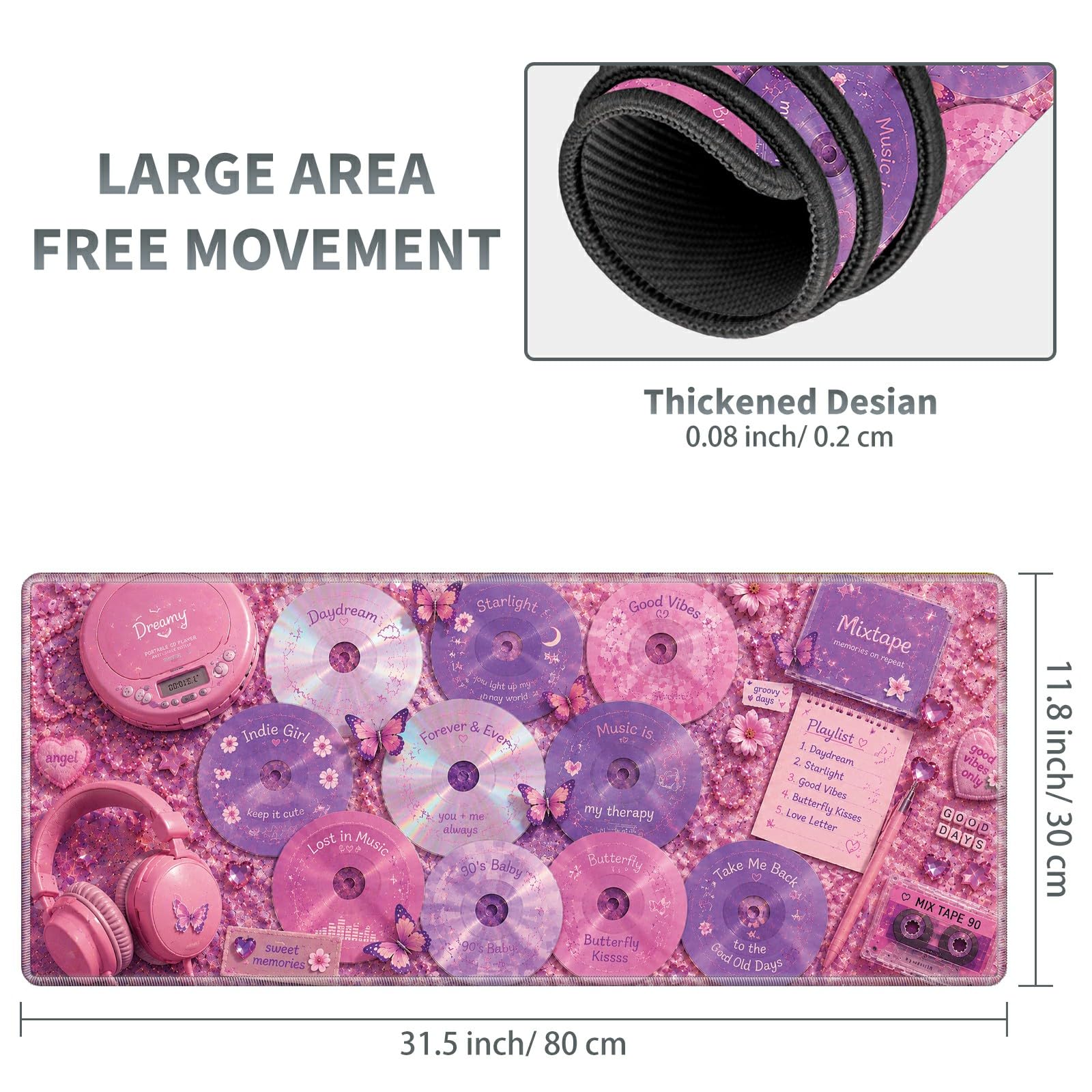Pink Music Collage Large Mouse Pad, 31.5 x 11.8 in Extended Desk Mat