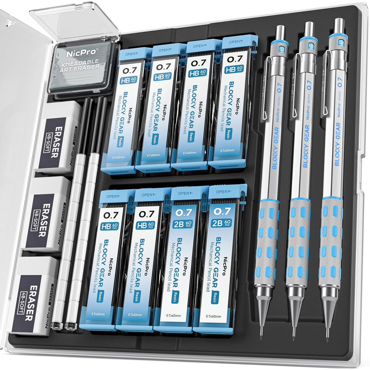 Nicpro Blocky Gear Mechanical Pencils 0.7 mm with Case, 3 Pack