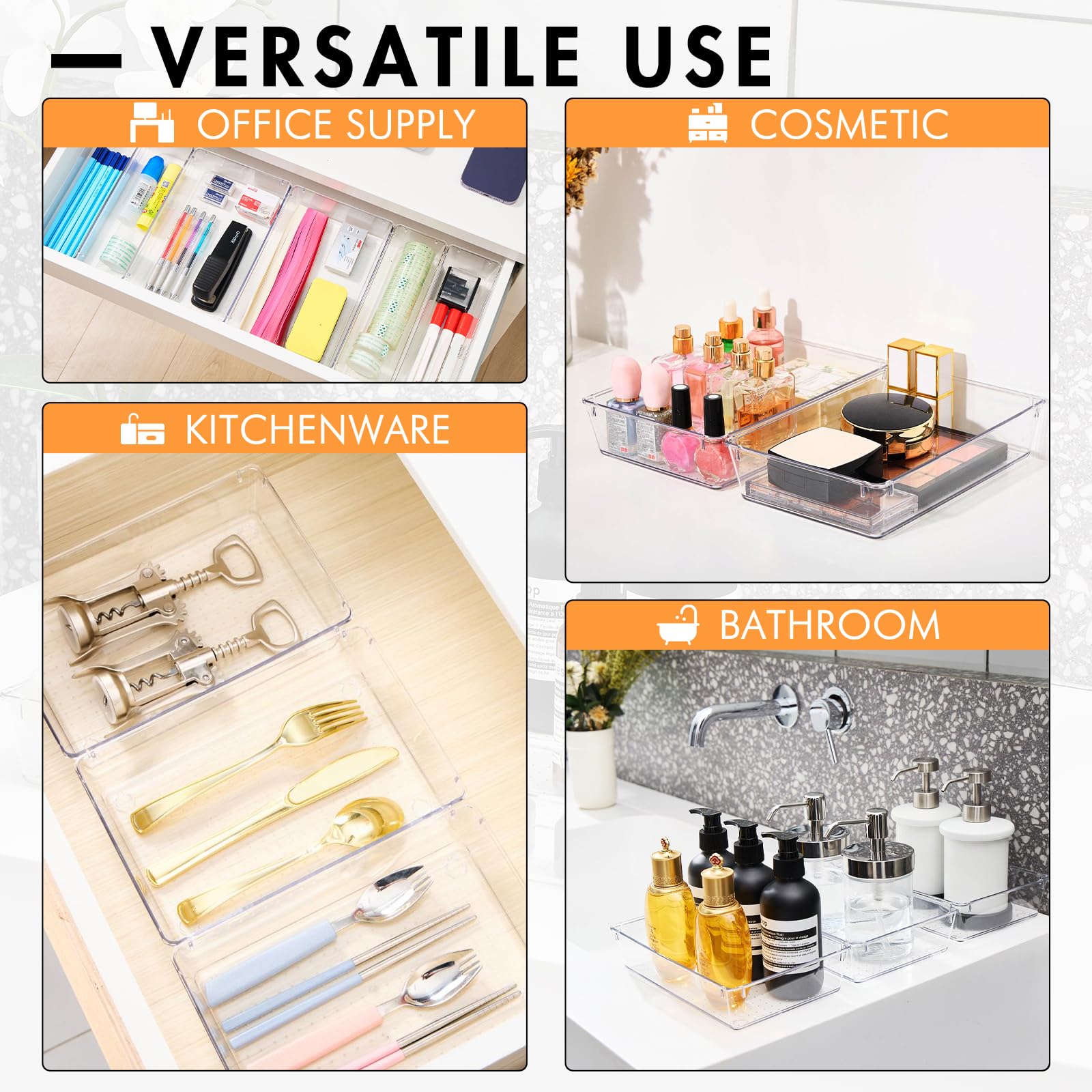 HOUSE DAY Desk Drawer Organizer Bins 6 PCS, 9*6*2" Clear Drawer Organizers with Silicone Pads
