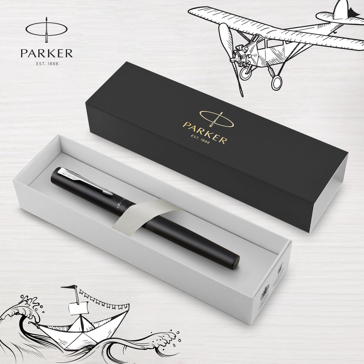 PARKER Vector XL Fountain Pen | Metallic Black Lacquer on Brass | Medium Nib with Blue Ink Refill |