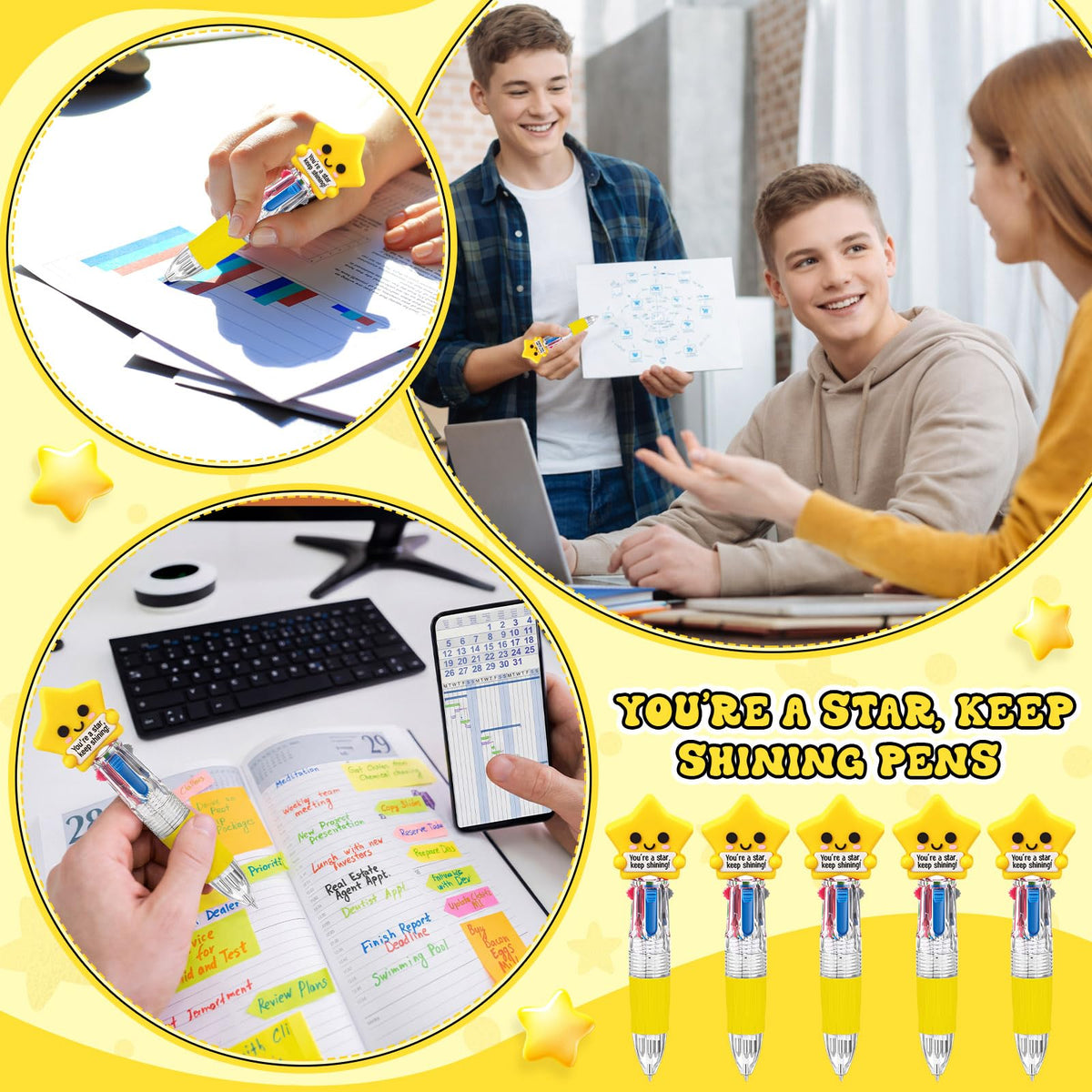 Sayglossy 36 Sets Star Party Favor Gifts, 4-in-1 Star Pens Bulk with Cards