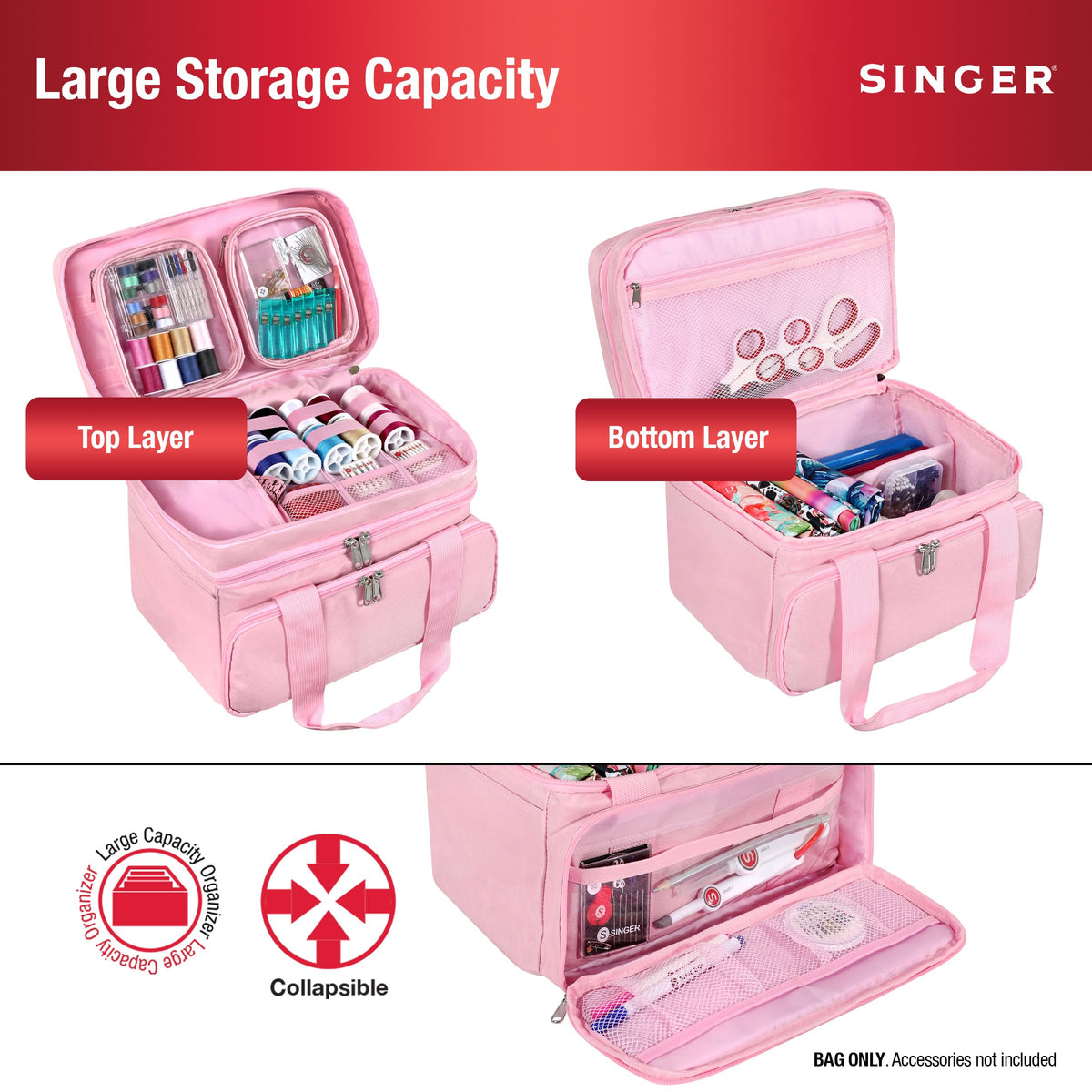 SINGER Portable Sewing Accessories Organizer Bag, 18 Compartments, Pink